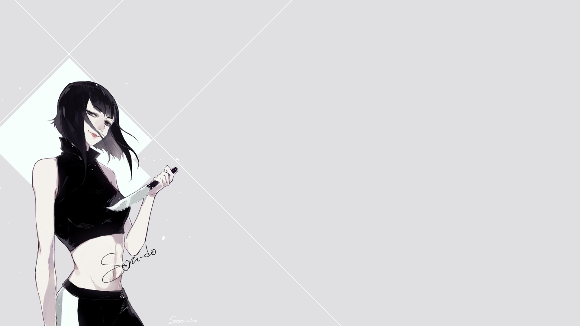 Anime girl with black hair holding a knife HD Wallpaper