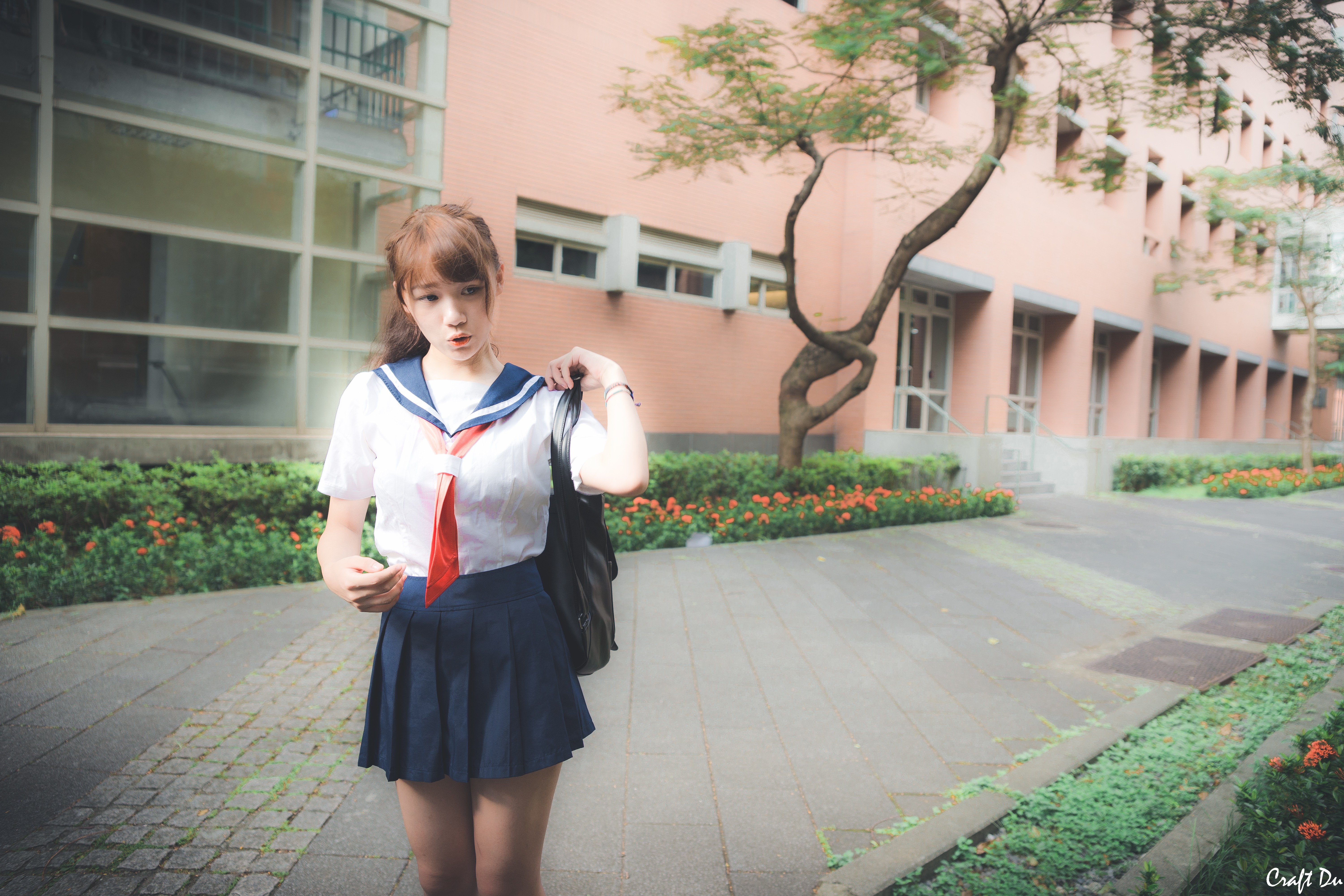 Asian woman in school uniform with backpack HD Wallpaper
