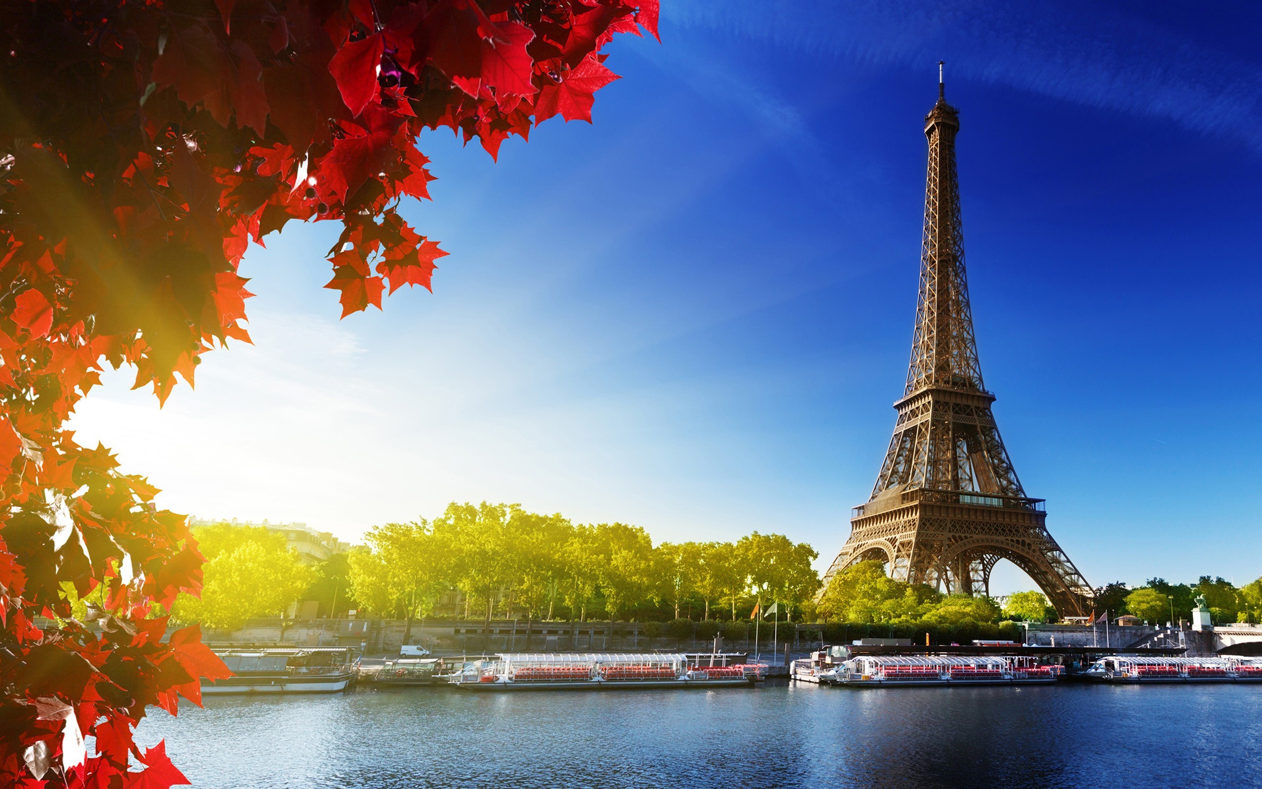 Eiffel Tower in Paris with Red Leaves and River HD Wallpaper