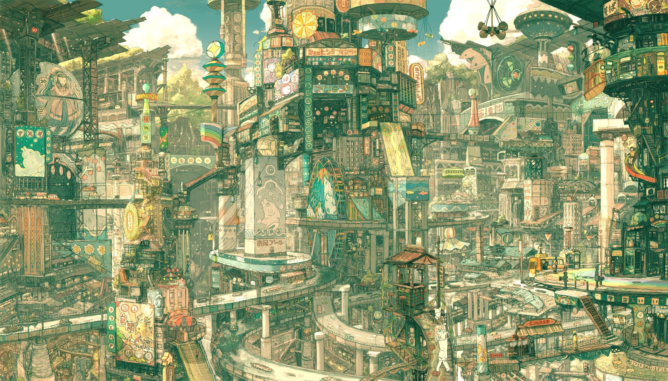 Fantasy city with intricate architecture and elevated highways HD Wallpaper