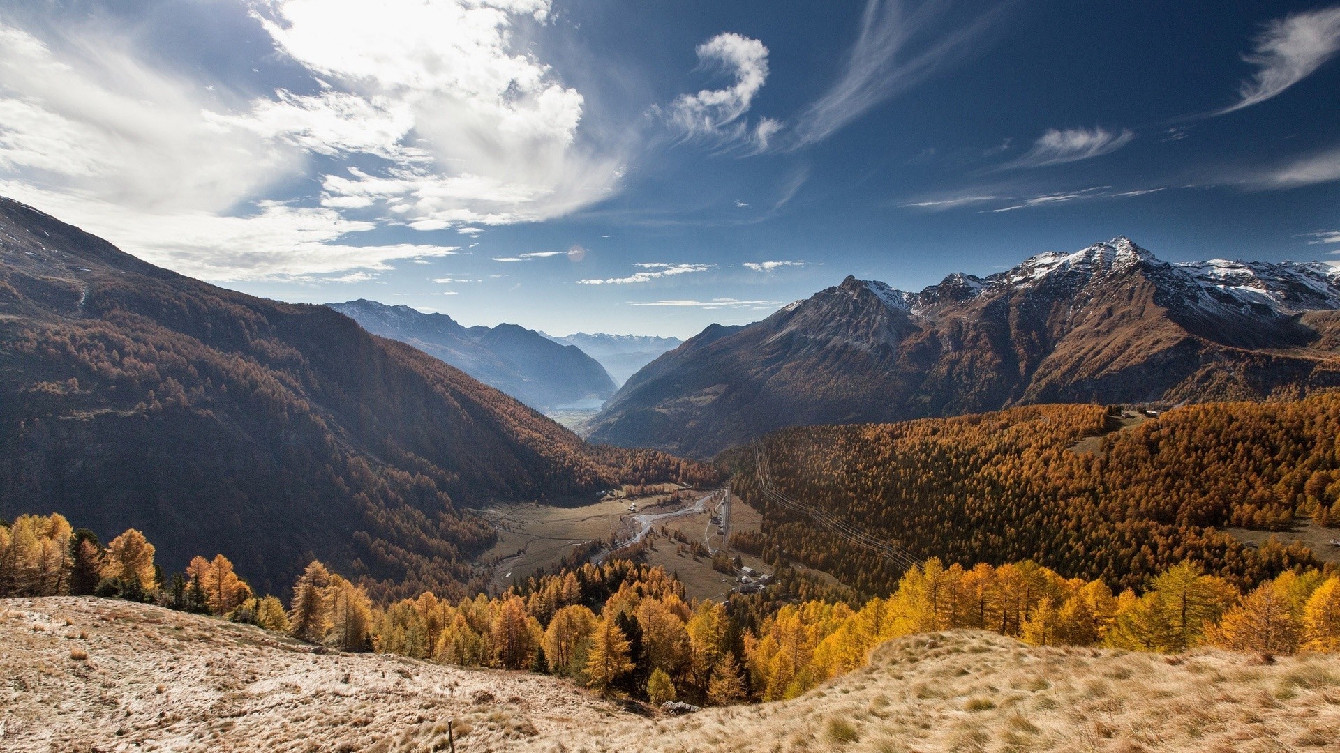 Autumn valley with mountains and blue sky HD Wallpaper