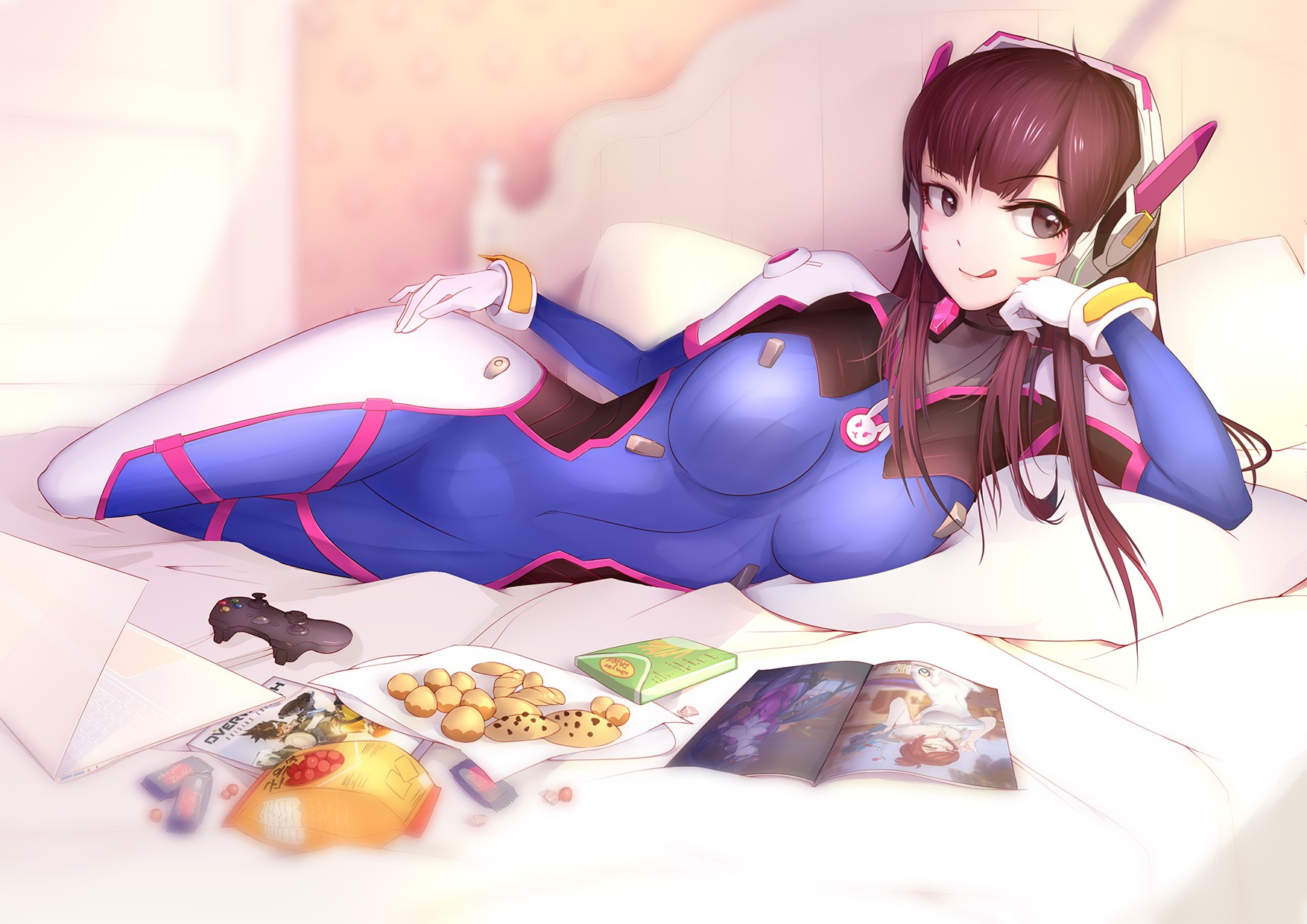 D.Va from Overwatch lying in bed with snacks HD Wallpaper
