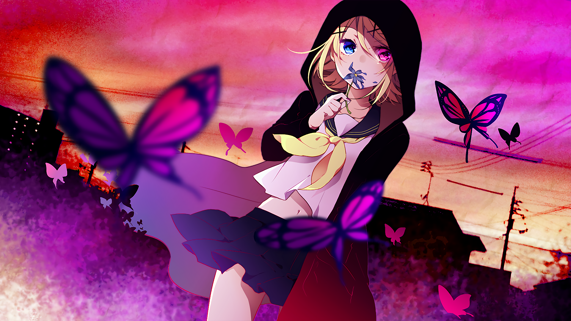 Kagamine Rin with butterflies and city background HD Wallpaper