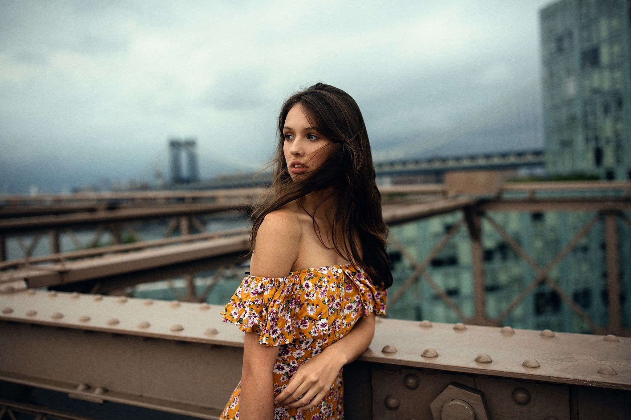 Model Jesse Herzog on a bridge in the wind HD Wallpaper