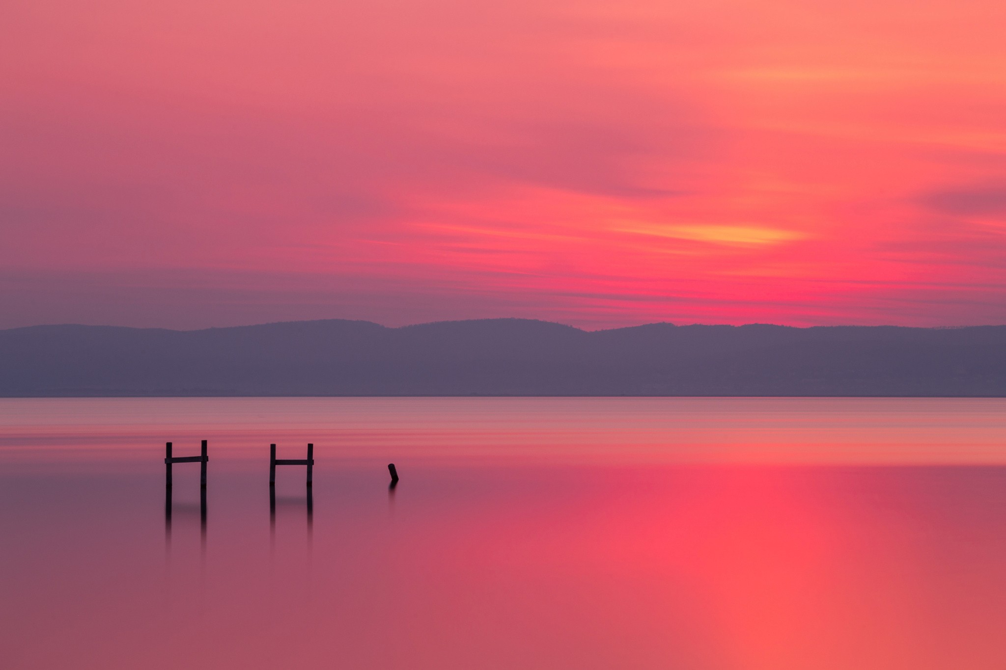 Pink sunset over a calm lake with wooden posts HD Wallpaper