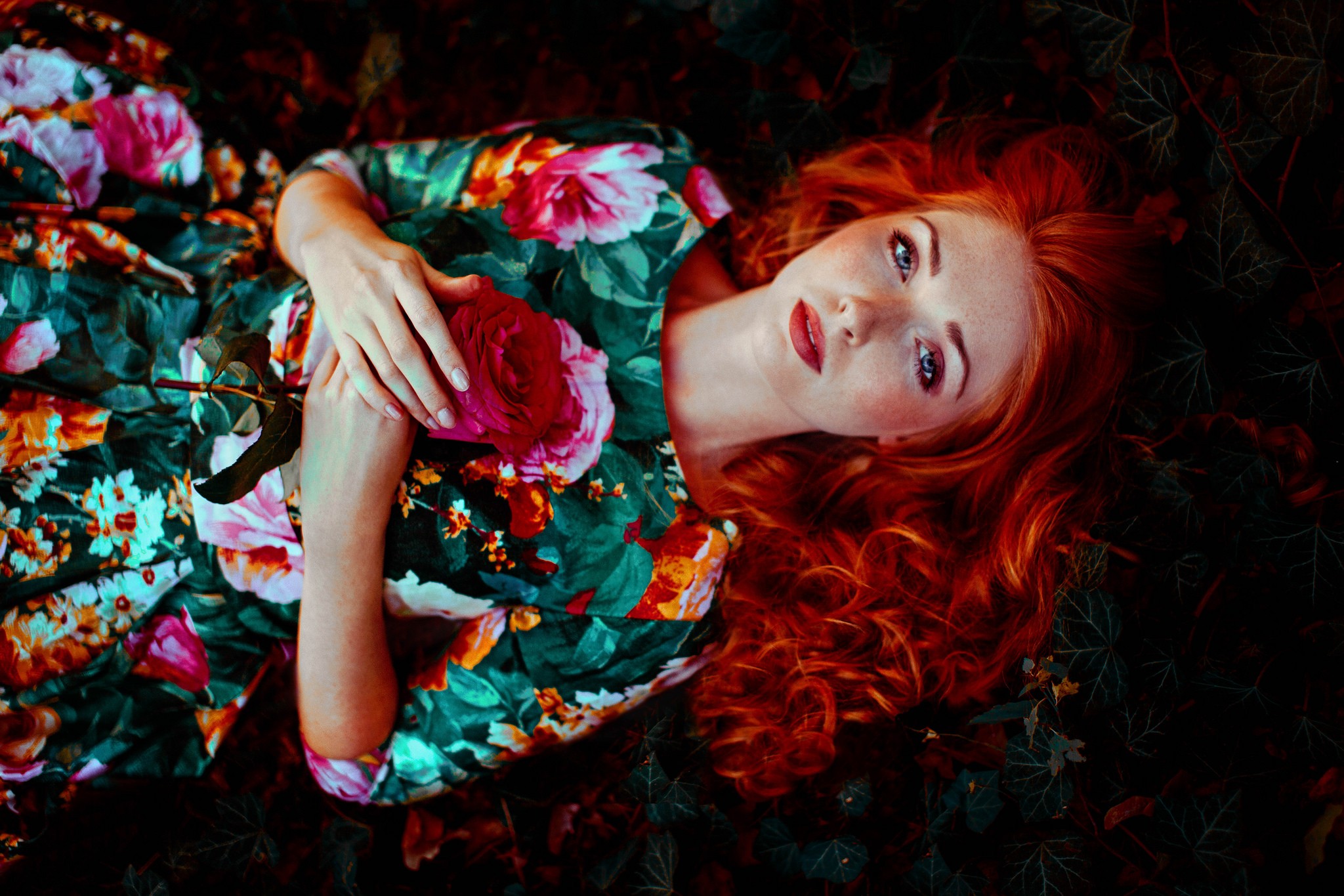 Redhead woman in floral dress holding a rose HD Wallpaper