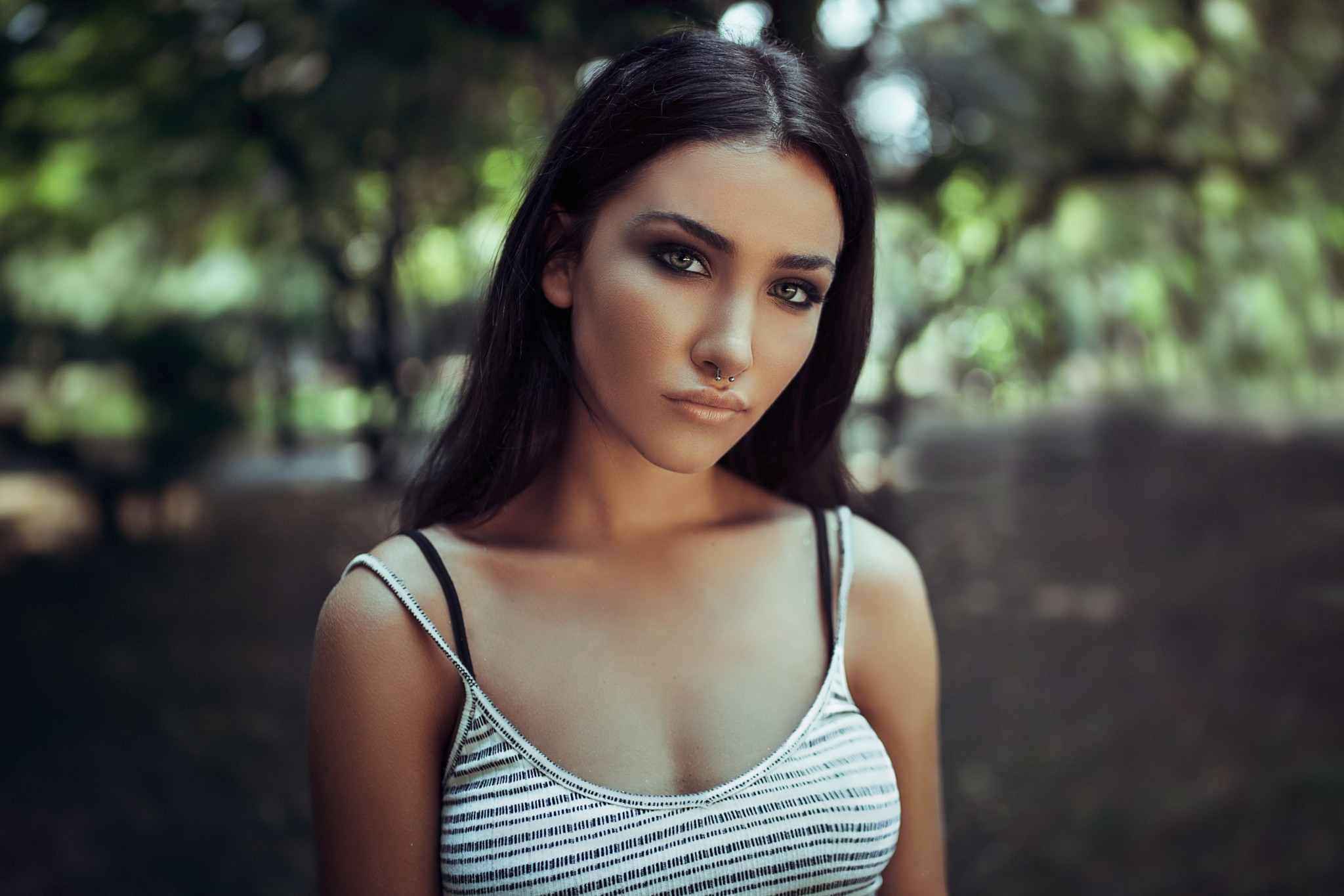 Woman with nose ring in a tank top HD Wallpaper