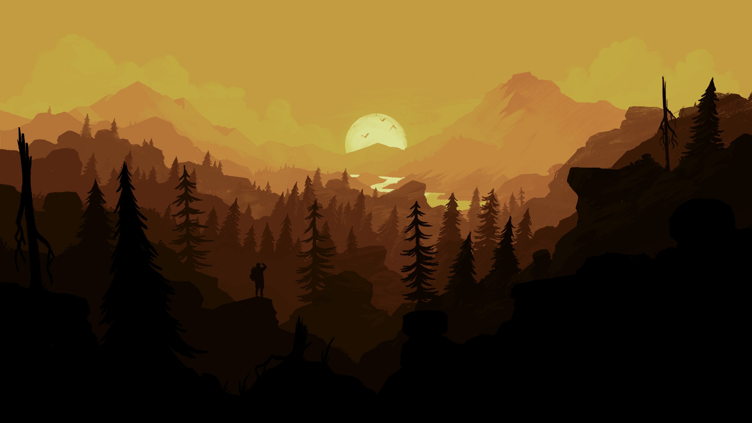 Firewatch: Hiker in a forest at sunset HD Wallpaper