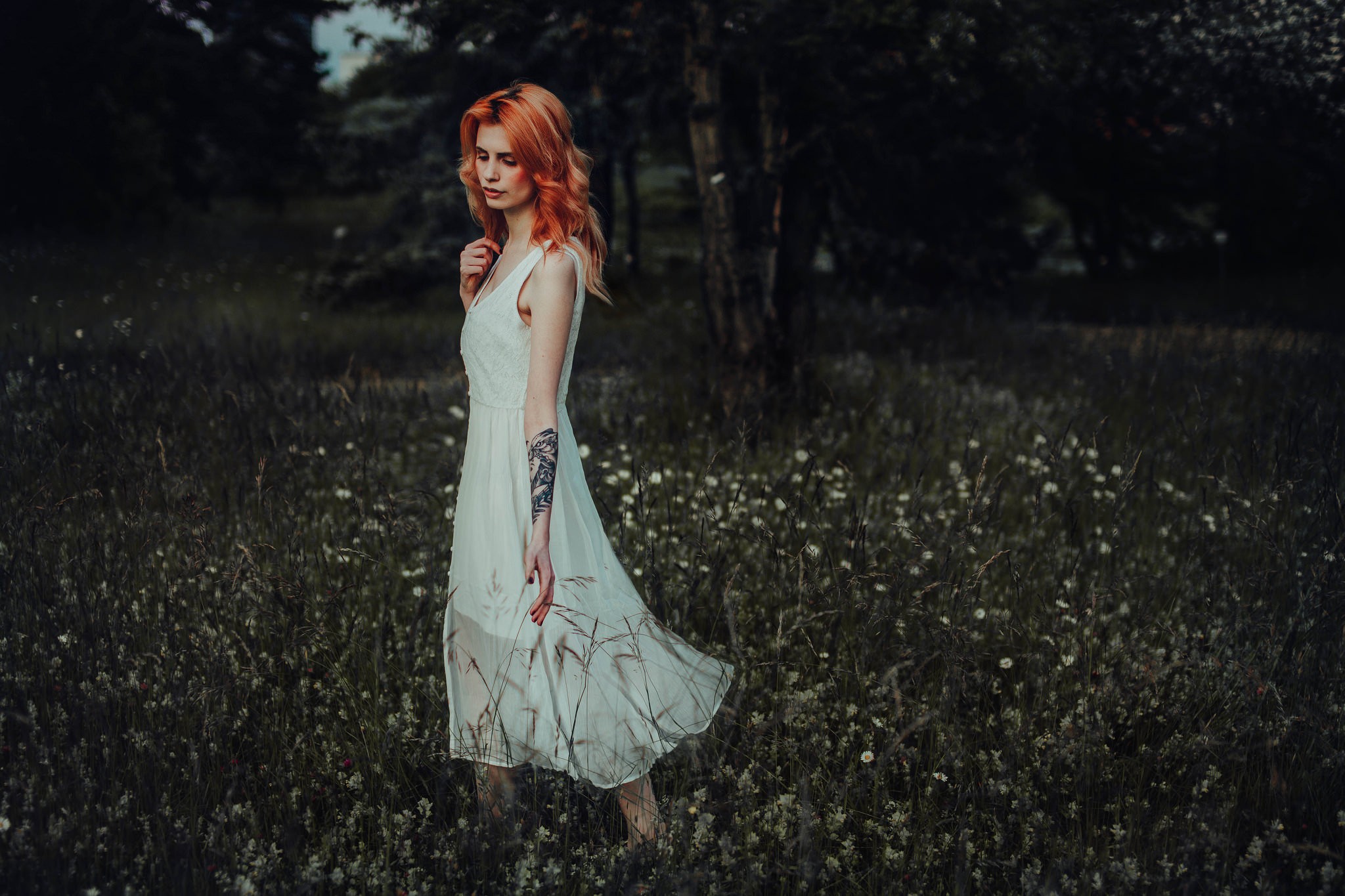 Woman with dyed hair in a white dress in a field HD Wallpaper