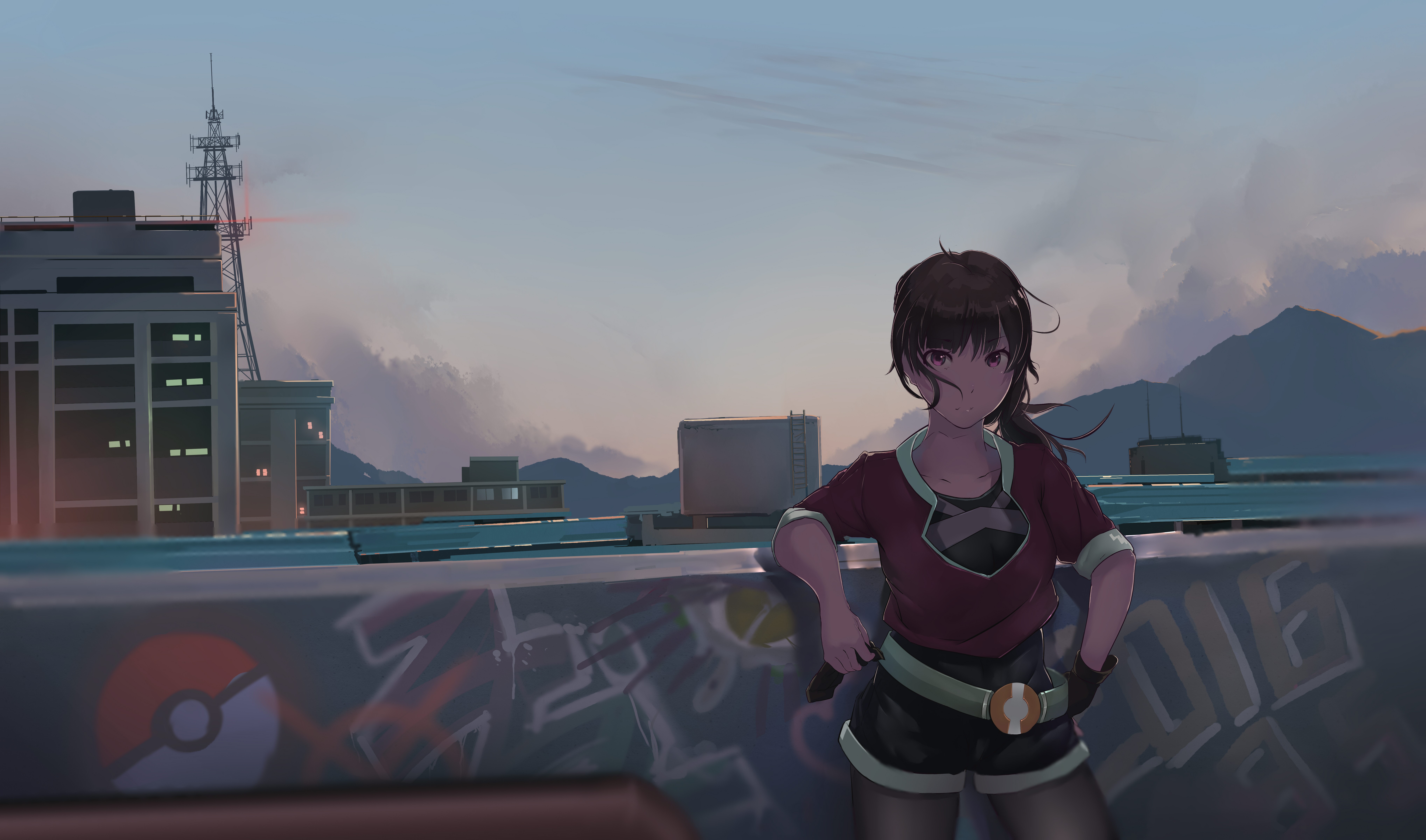 Anime girl with Pokemon Go graffiti on a rooftop HD Wallpaper