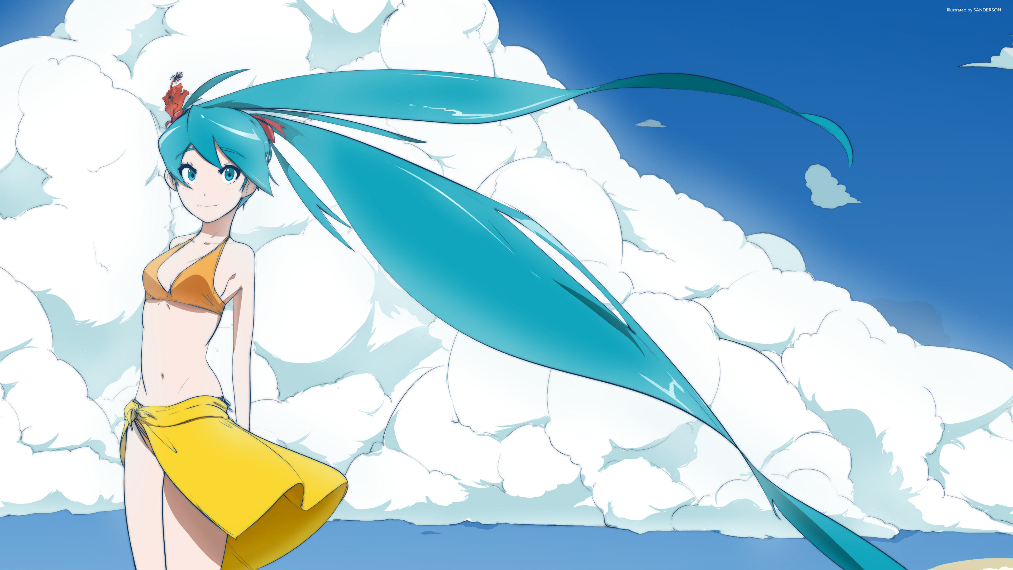 Hatsune Miku in a bikini with a yellow sarong HD Wallpaper