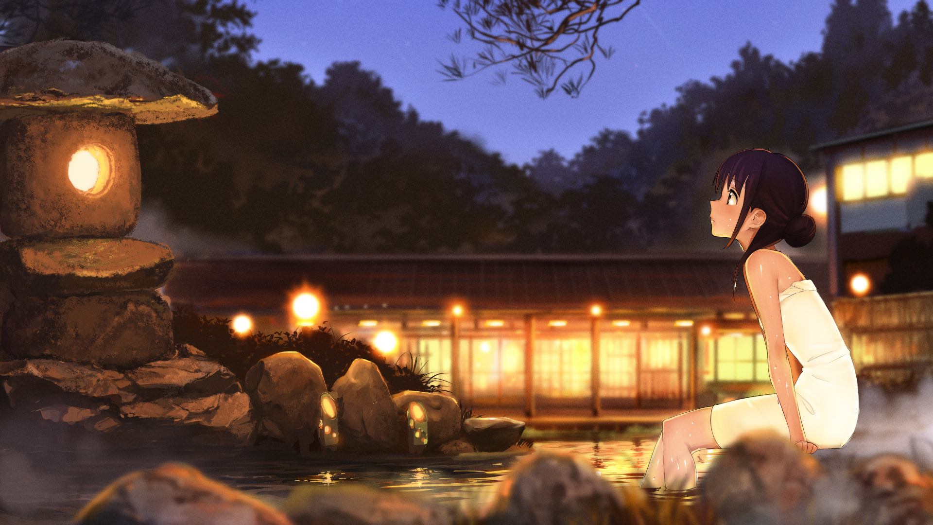 Anime girl in a hot spring at night HD Wallpaper
