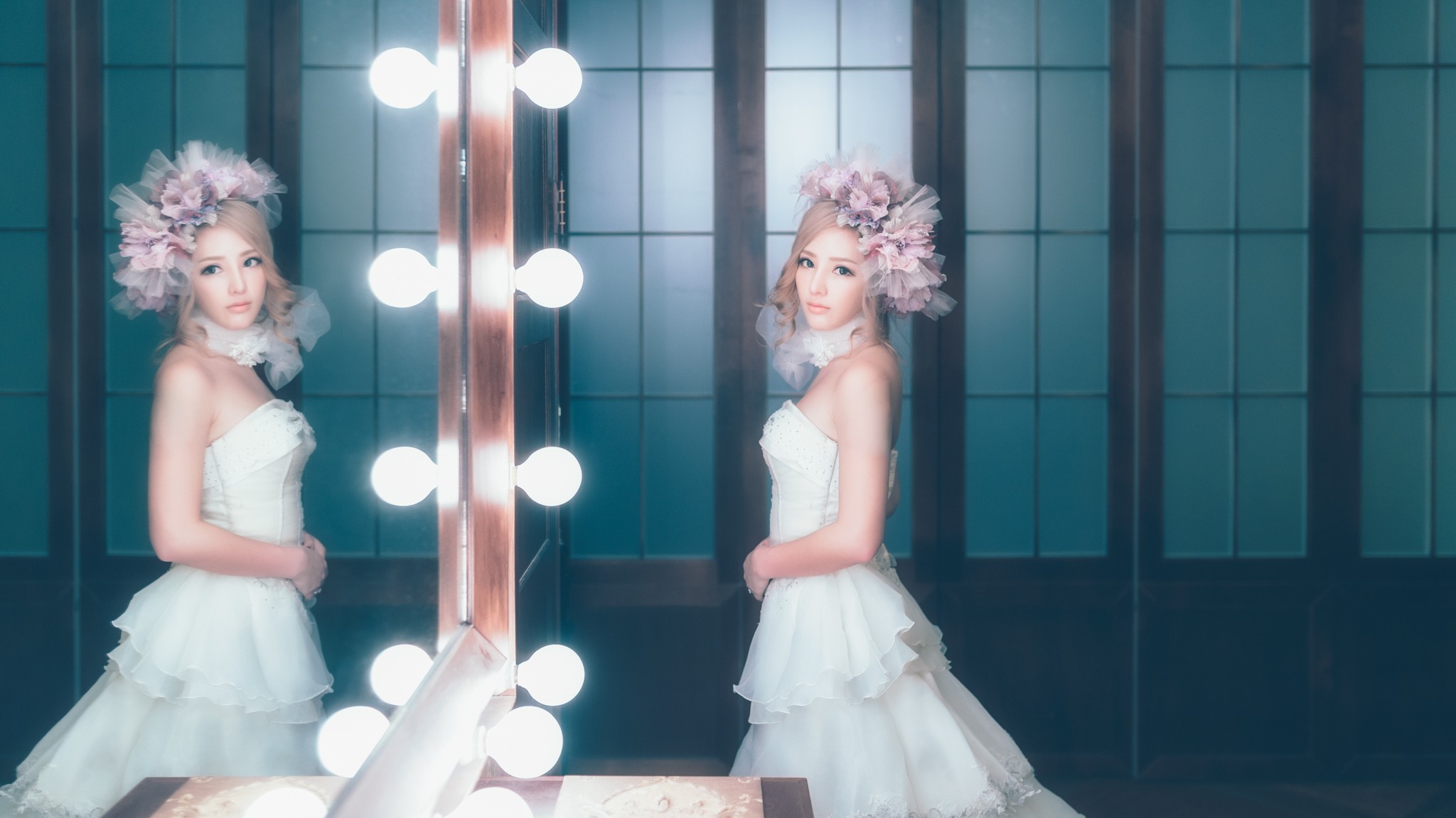 Woman in white dress reflected in a mirror HD Wallpaper