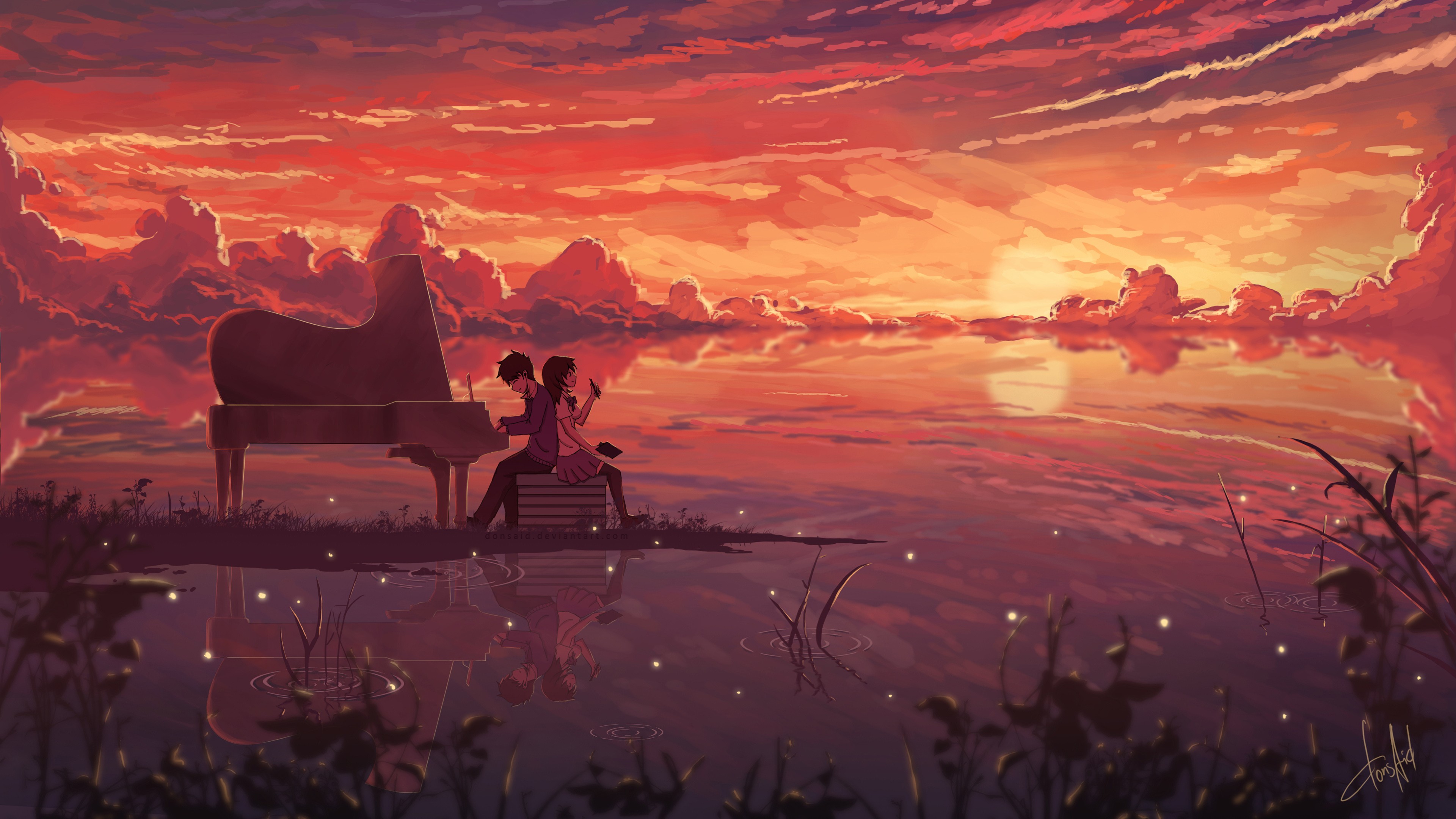 anime boys, brunette, couple, anime, love, looking away, thigh-highs, clouds, skirt, anime girls, piano, sky, artwork, sunset HD Wallpaper