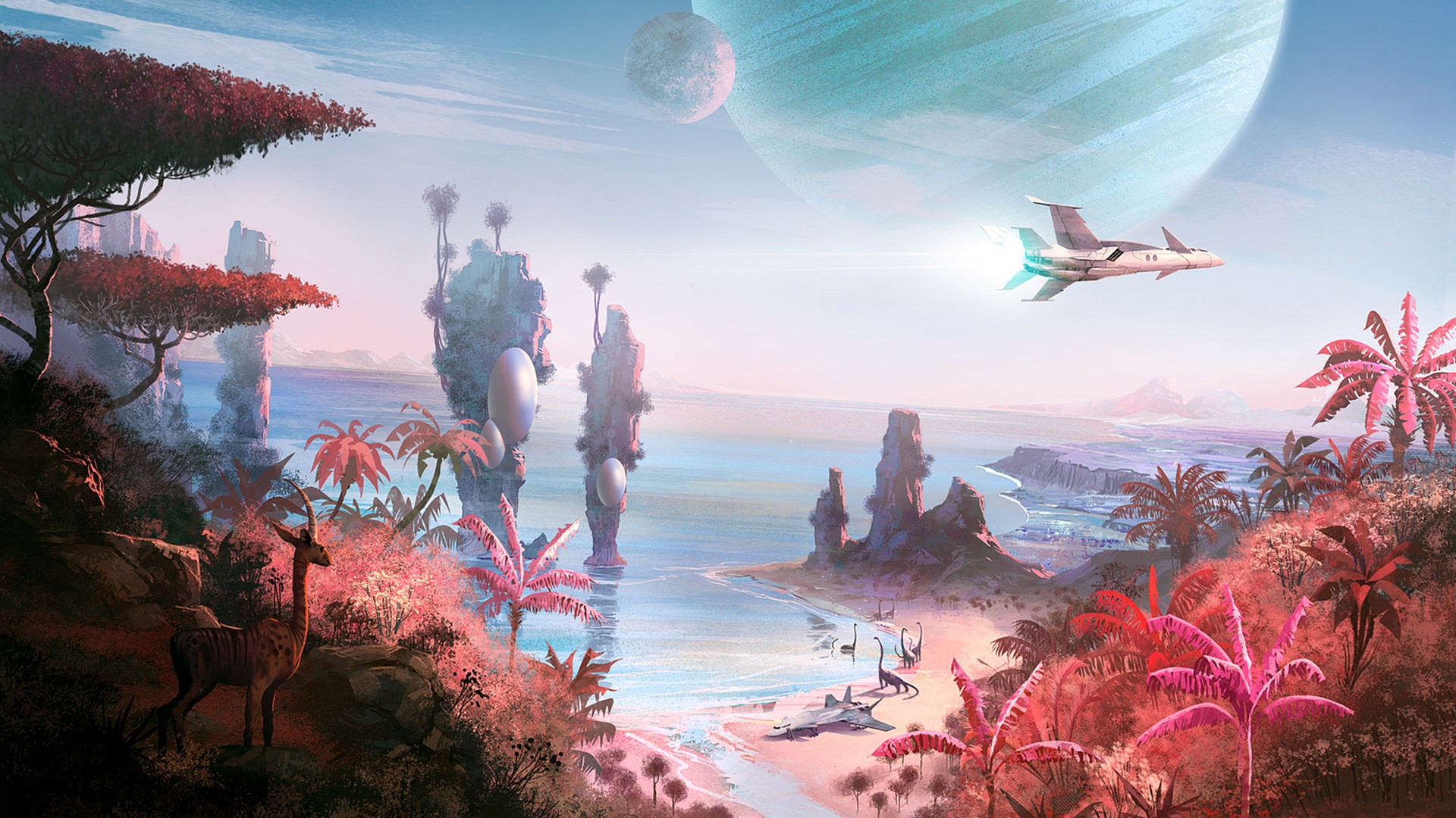 No Man's Sky alien planet with spaceship and creatures HD Wallpaper