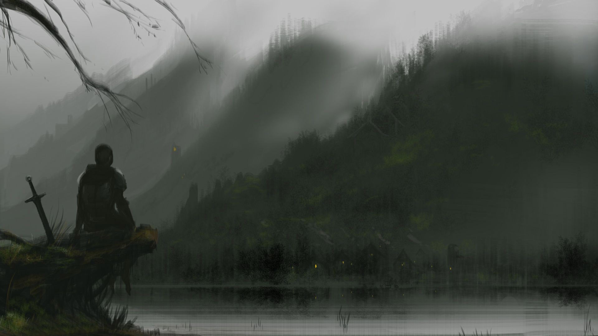 Knight sitting by a lake with a sword HD Wallpaper