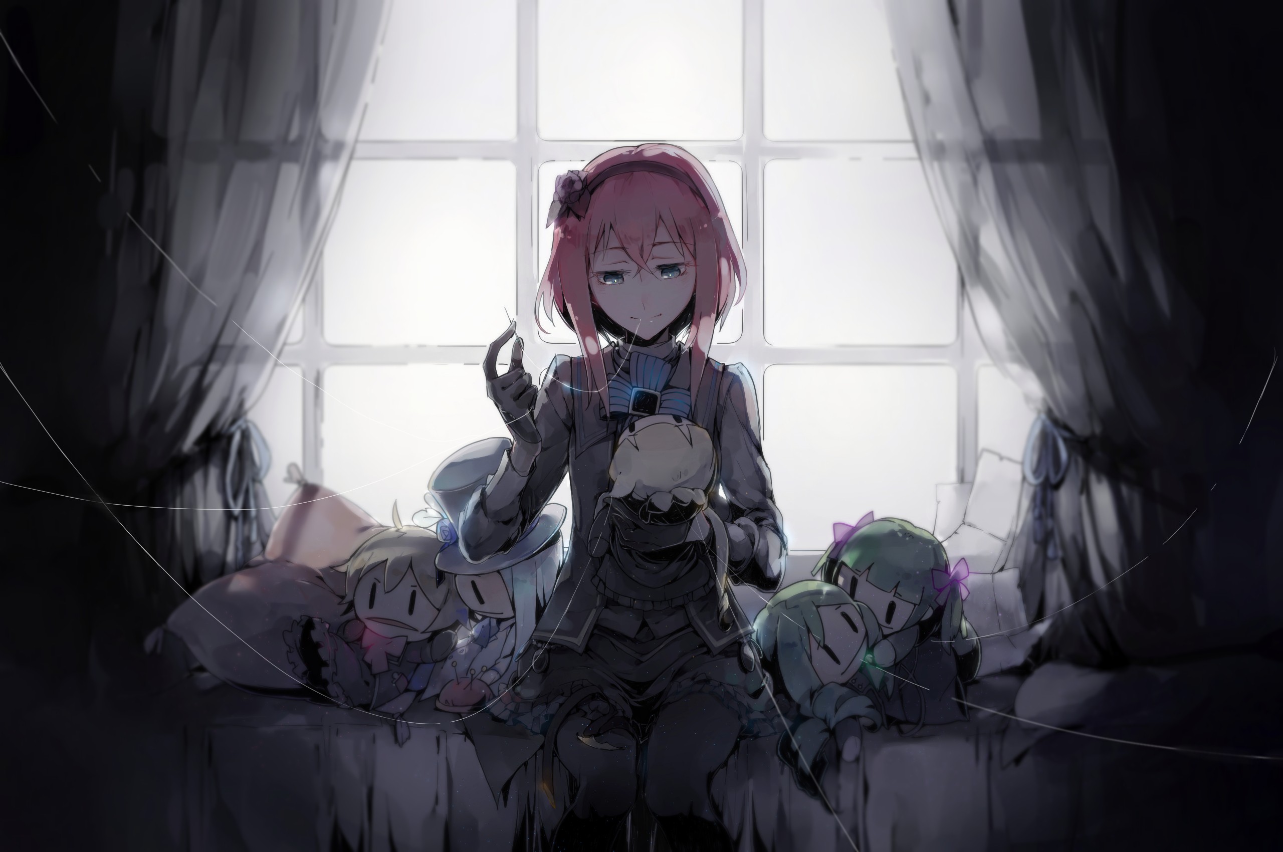 Girl with pink hair and dolls by the window HD Wallpaper