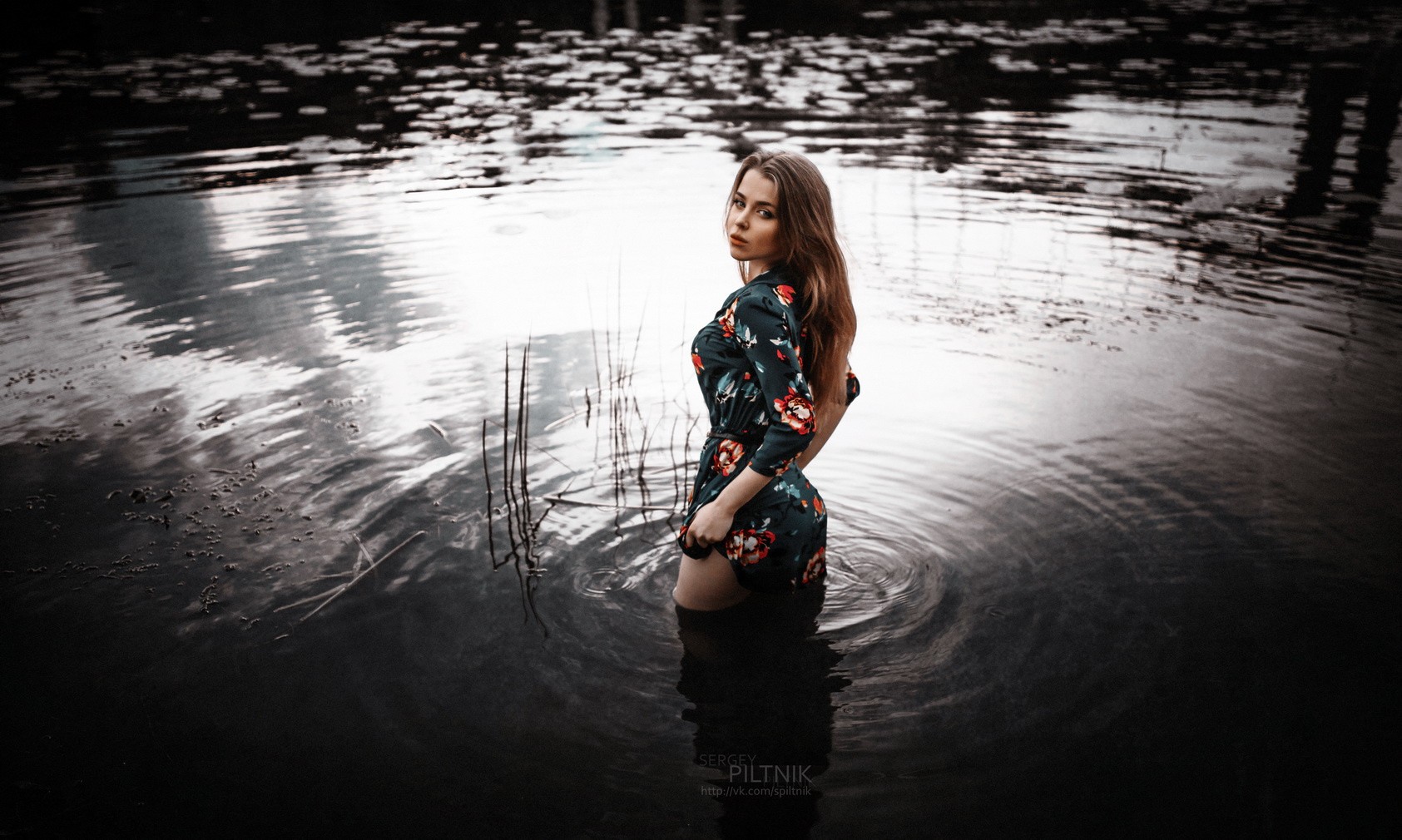 Alexandra Danilova in water with floral dress HD Wallpaper