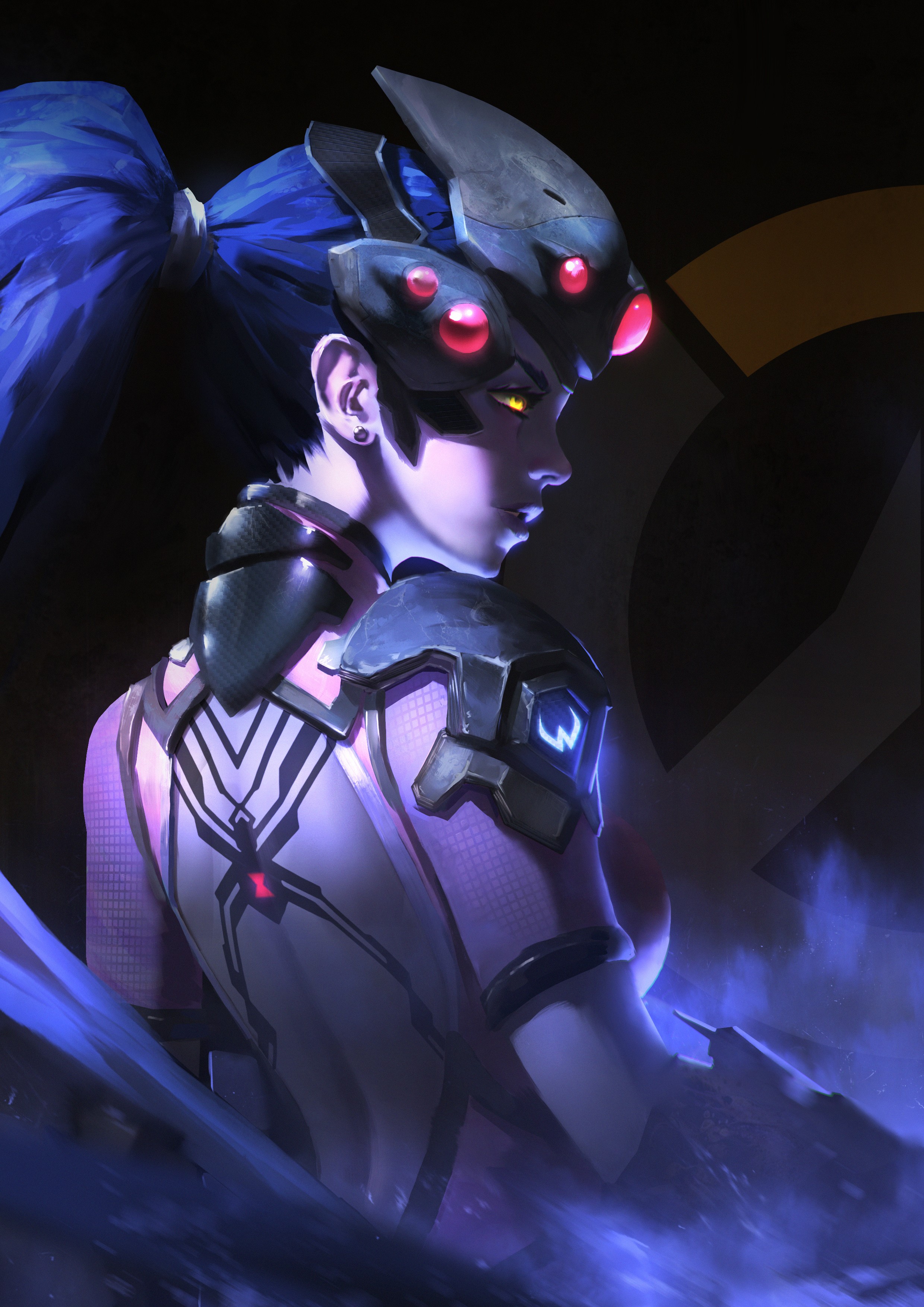 Widowmaker from Overwatch with blue hair and yellow eyes HD Wallpaper