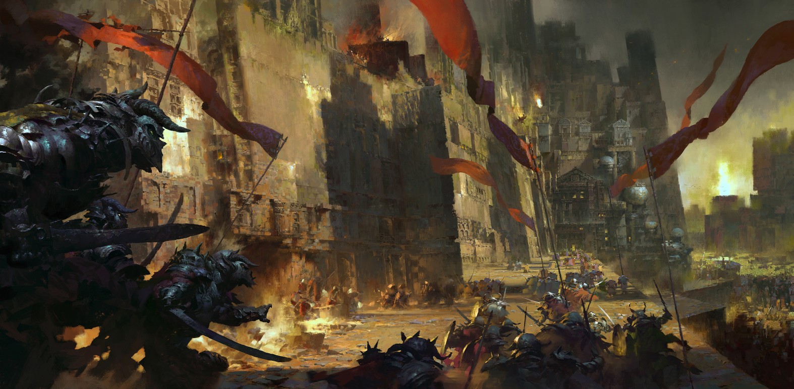 Fantasy warriors attacking a besieged city HD Wallpaper