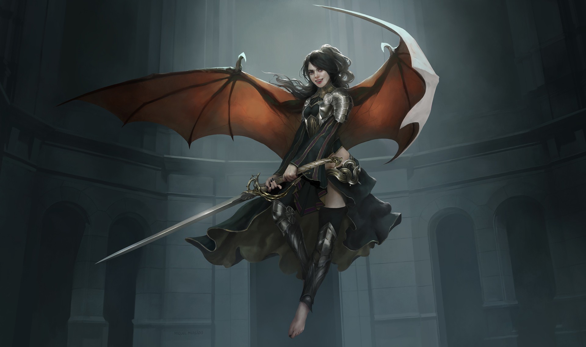 Fantasy warrior woman with bat wings and sword HD Wallpaper