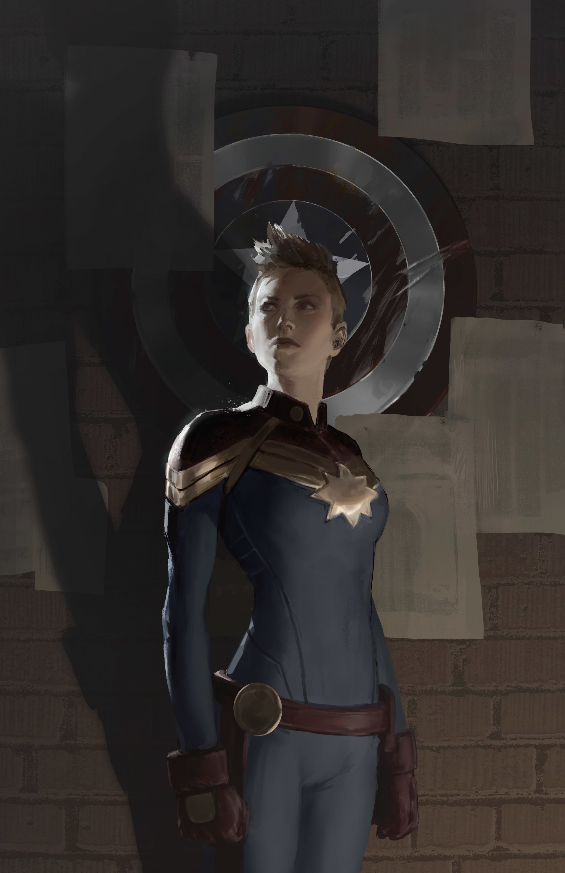 Captain Marvel in front of Captain America's shield HD Wallpaper