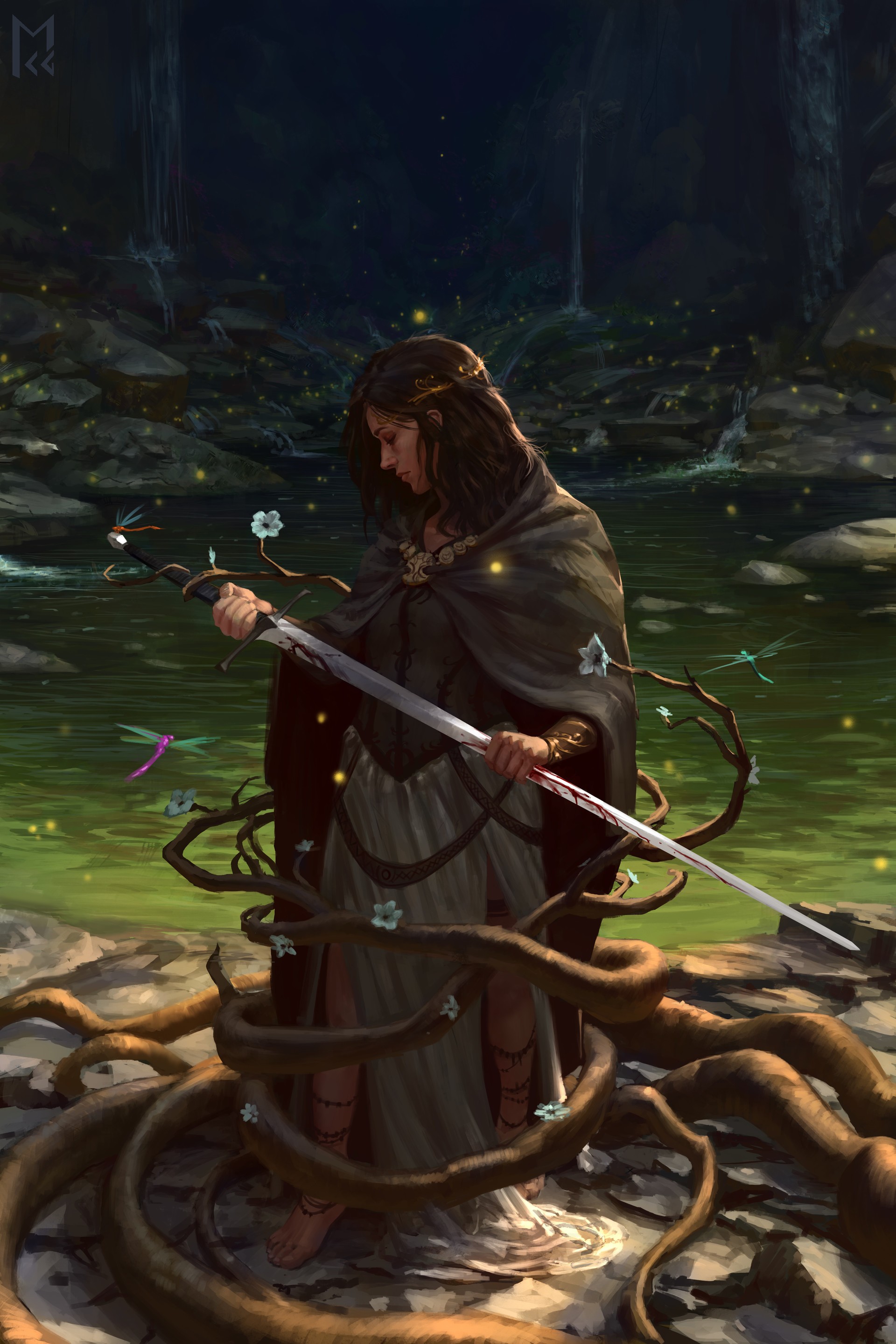 Fantasy warrior woman with sword by a river HD Wallpaper