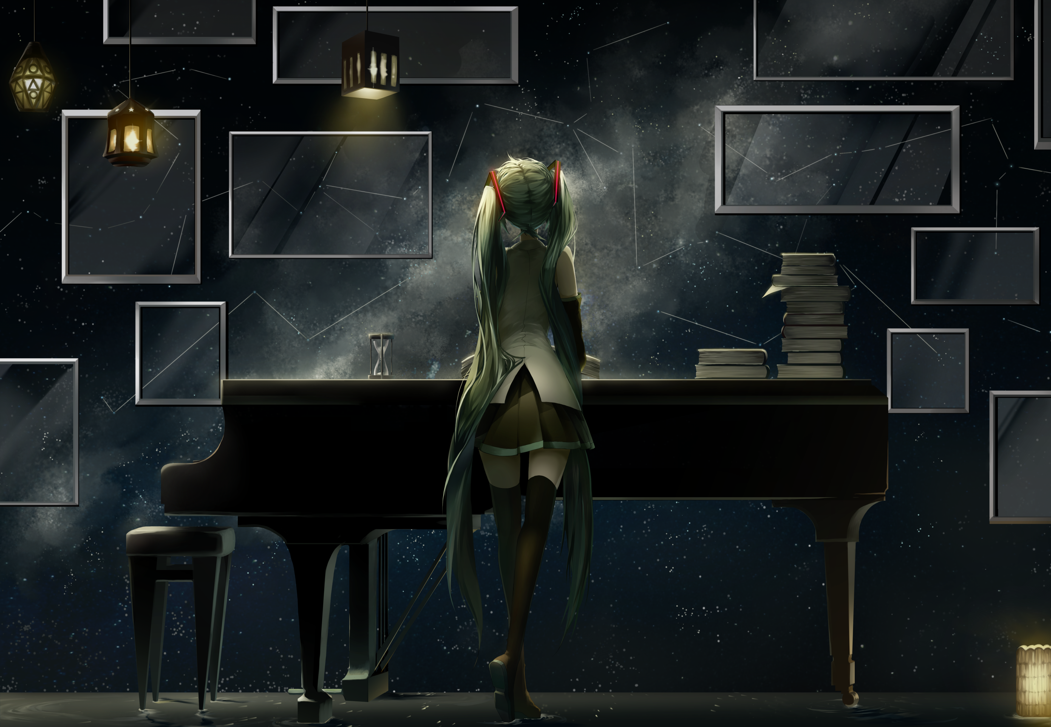 Hatsune Miku standing by a grand piano with books HD Wallpaper
