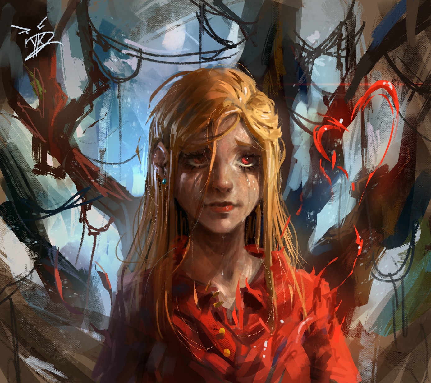Girl with red eyes and blonde hair in red shirt HD Wallpaper