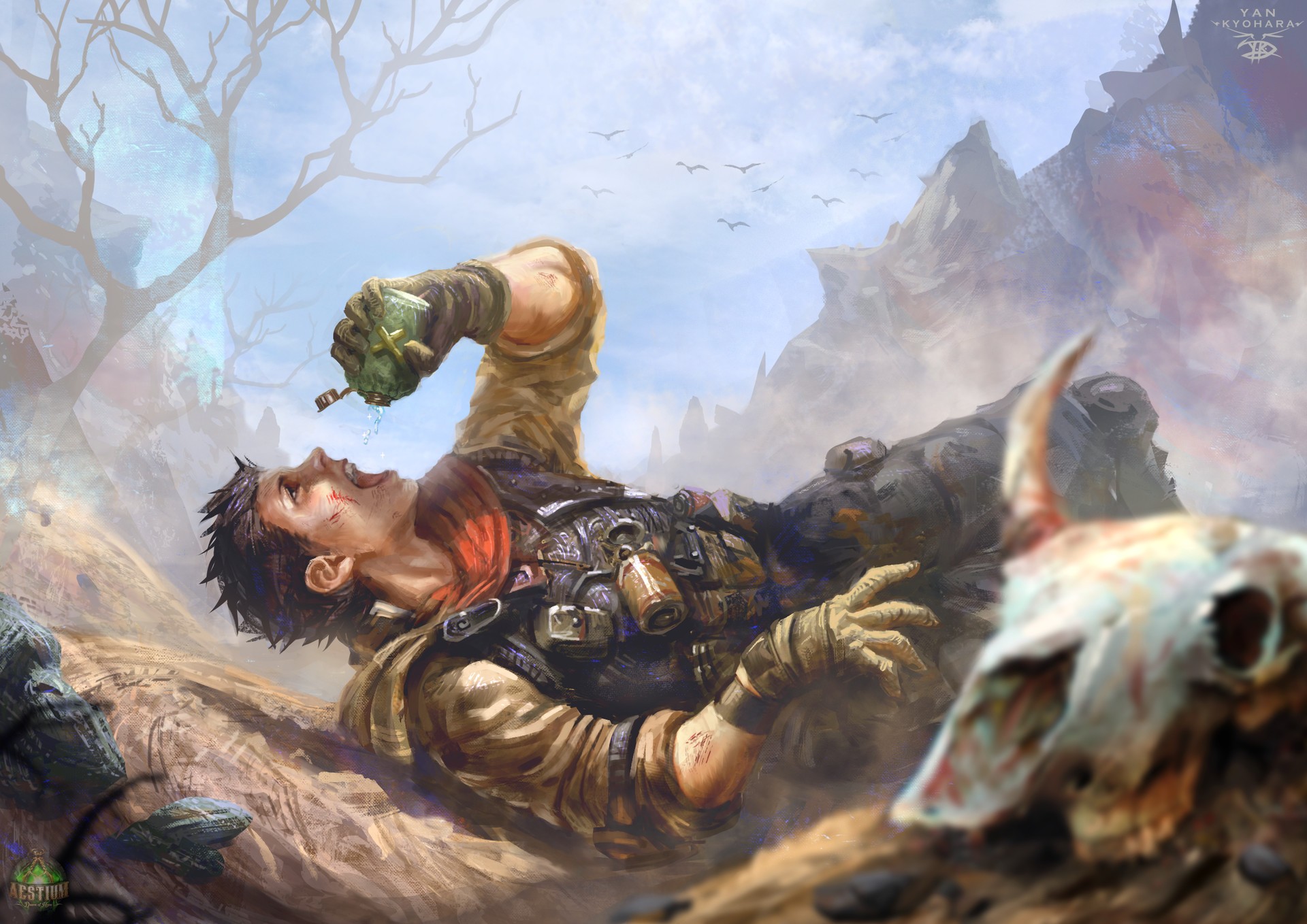 Man drinking from a flask in a desolate landscape HD Wallpaper