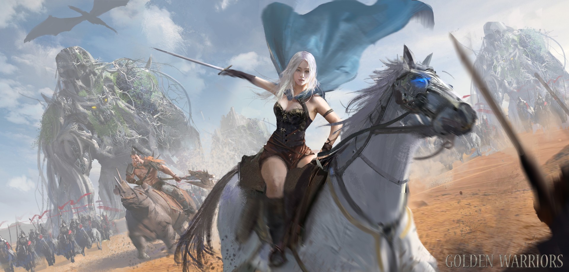 Fantasy warrior woman on horseback leads an army HD Wallpaper