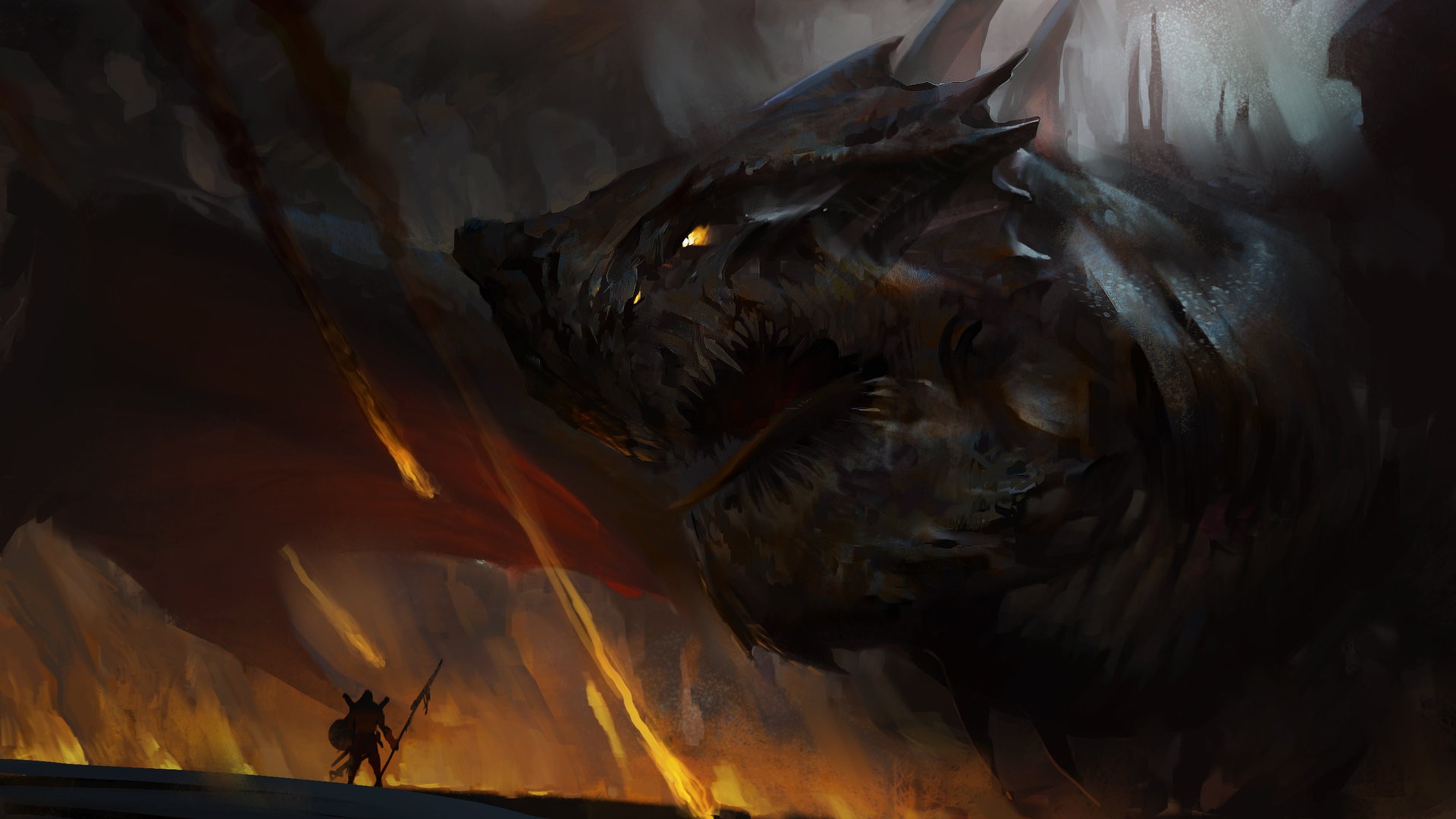 A knight faces a giant dragon in a fiery landscape HD Wallpaper