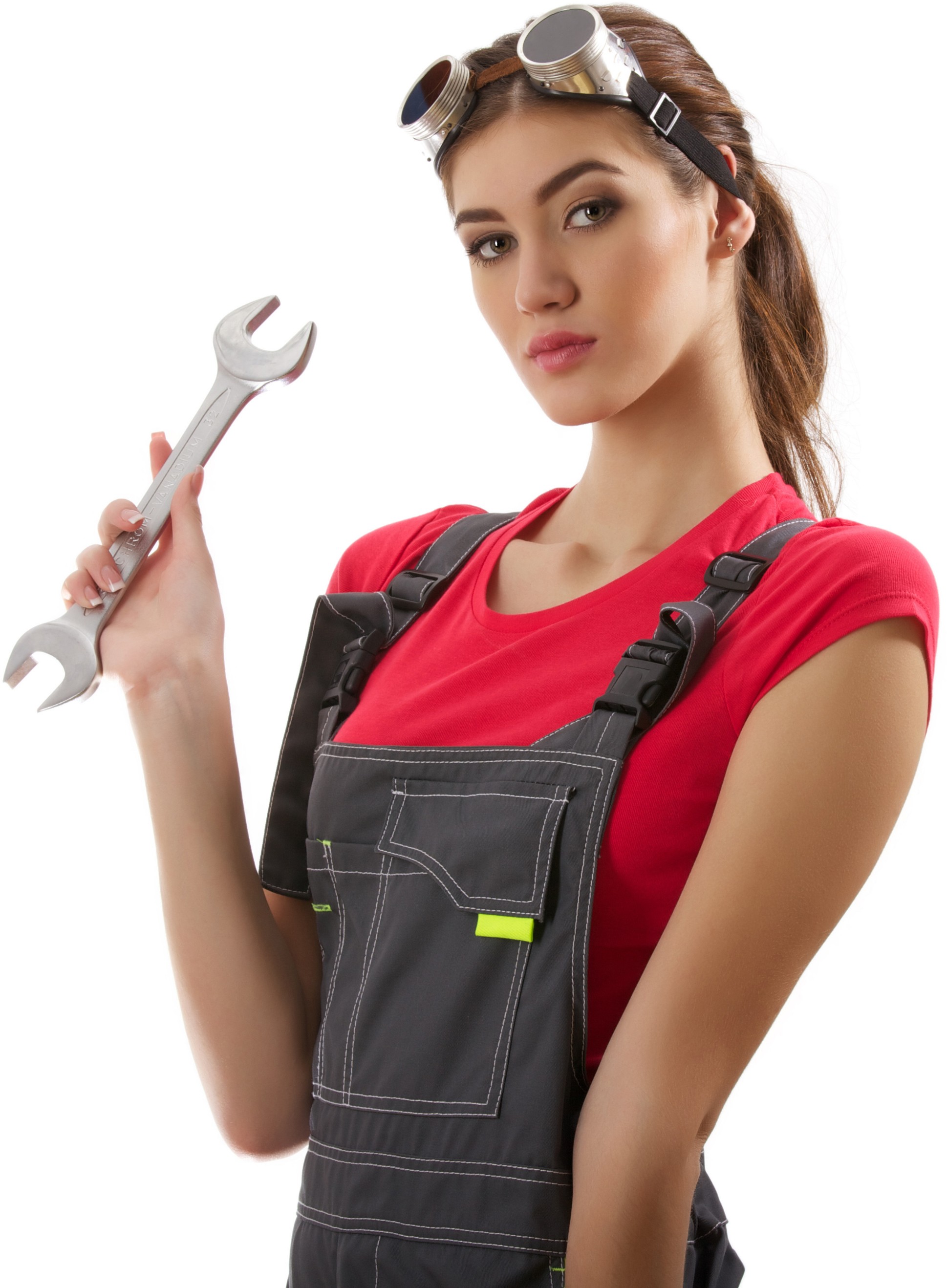 Woman in overalls holding a wrench HD Wallpaper