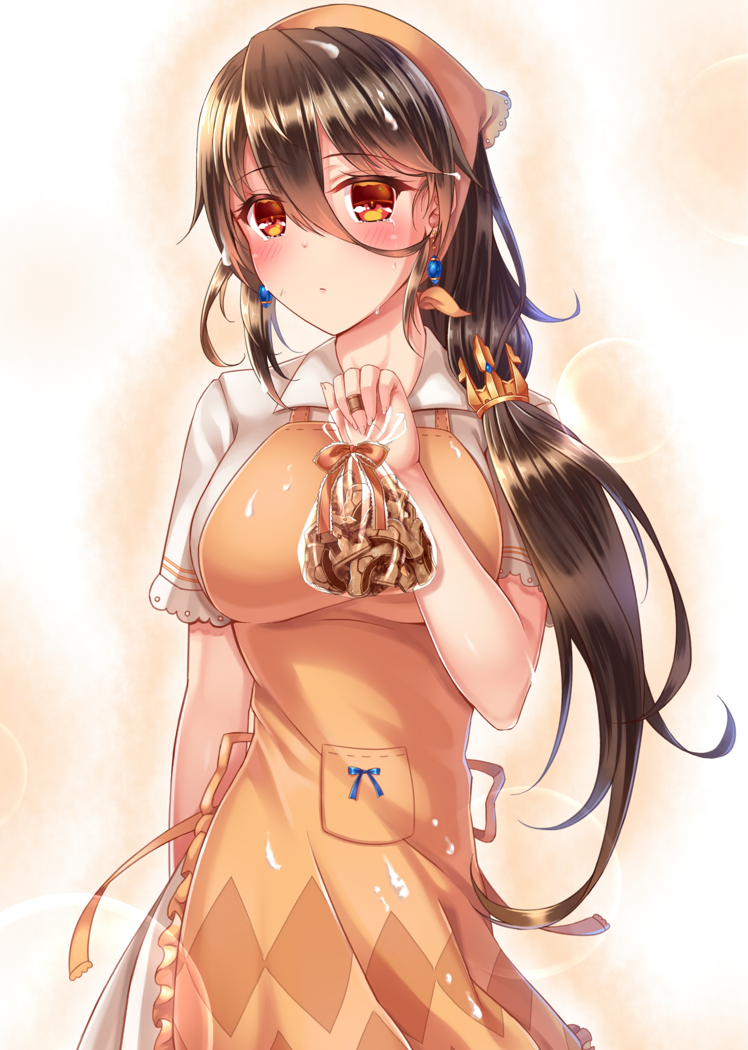 Anime girl with long dark hair holding cookies HD Wallpaper