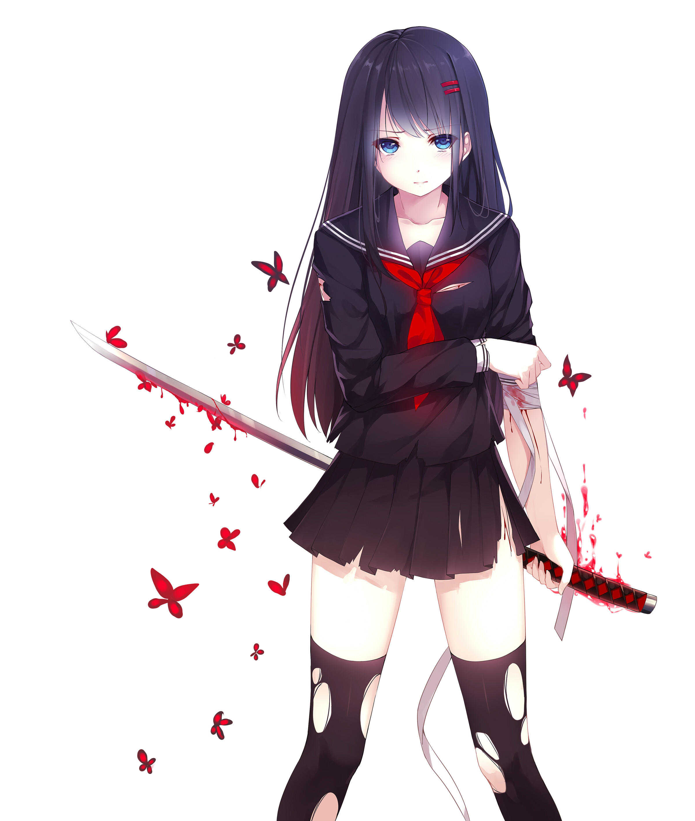 sword, school uniform, blood, katana HD Wallpaper