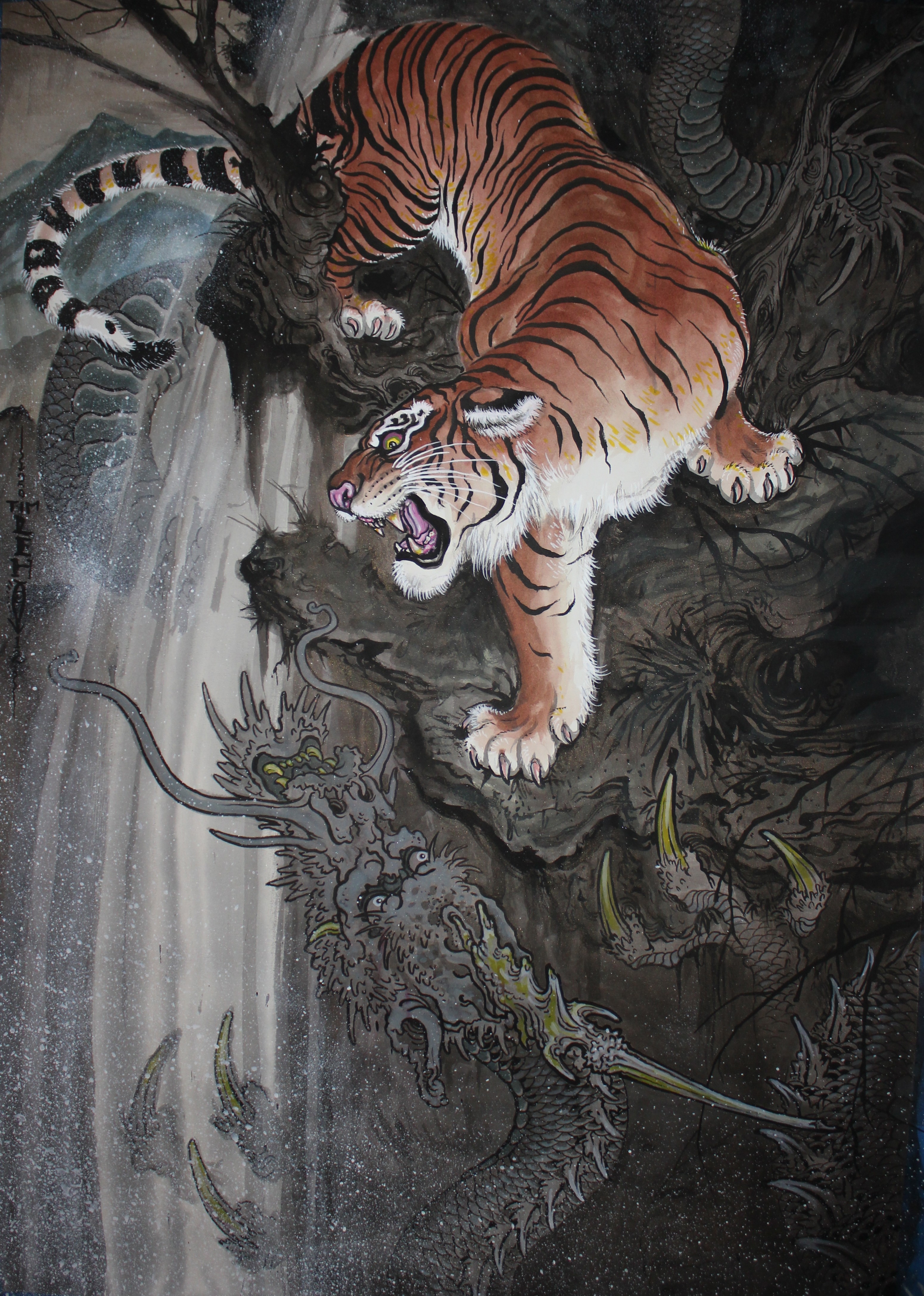 Tim Lehi tattoo of a tiger fighting a dragon HD Wallpaper
