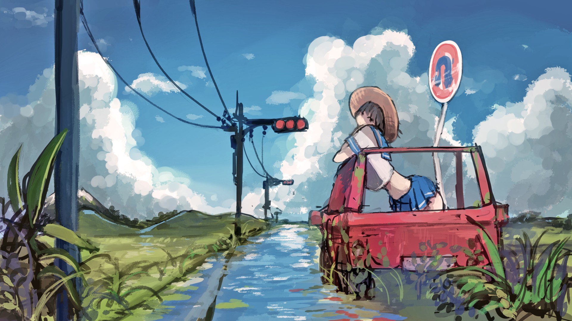 Girl in a red car on a flooded road HD Wallpaper