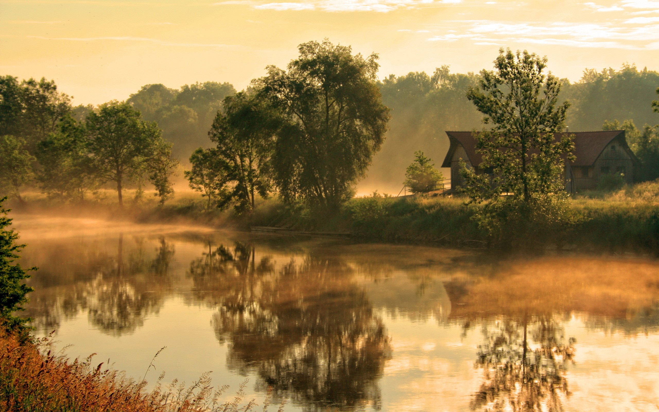 Misty river with trees and a house at sunrise HD Wallpaper