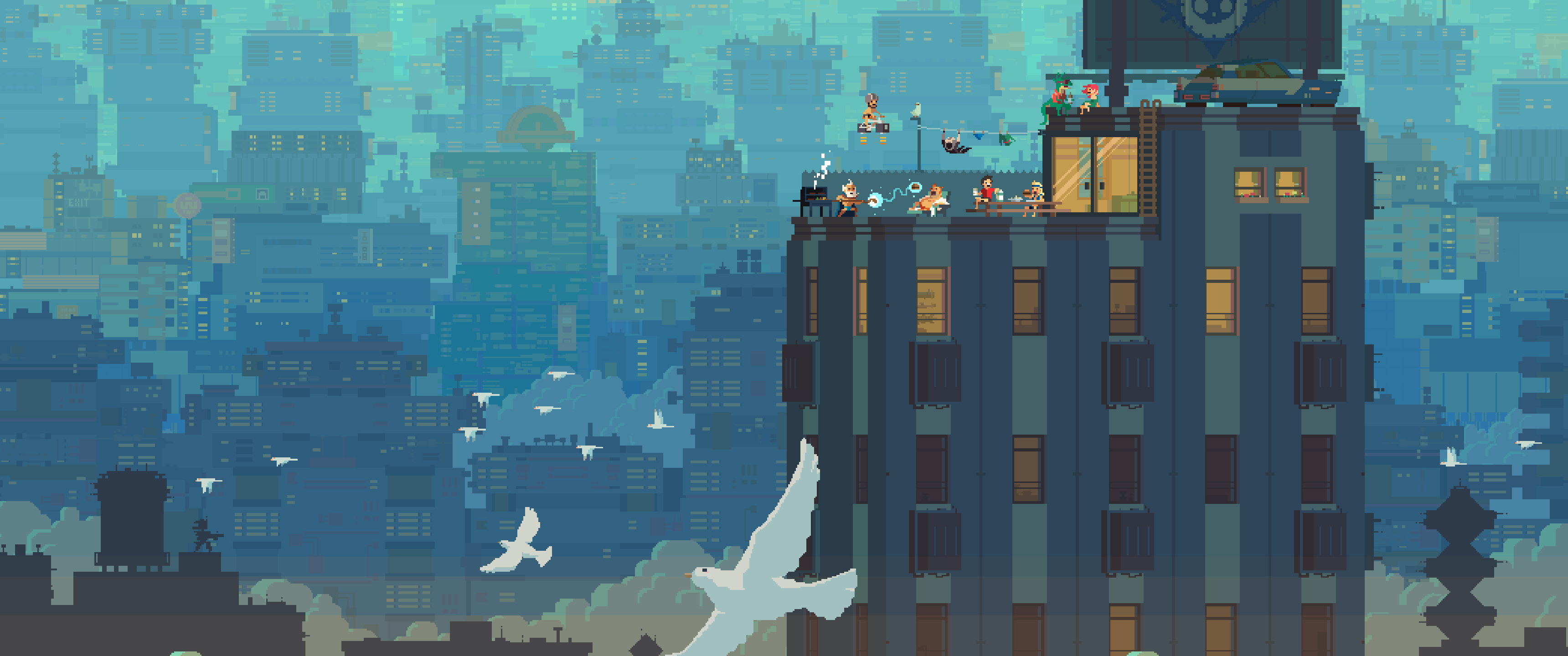 Pixel art cityscape with people on a rooftop HD Wallpaper