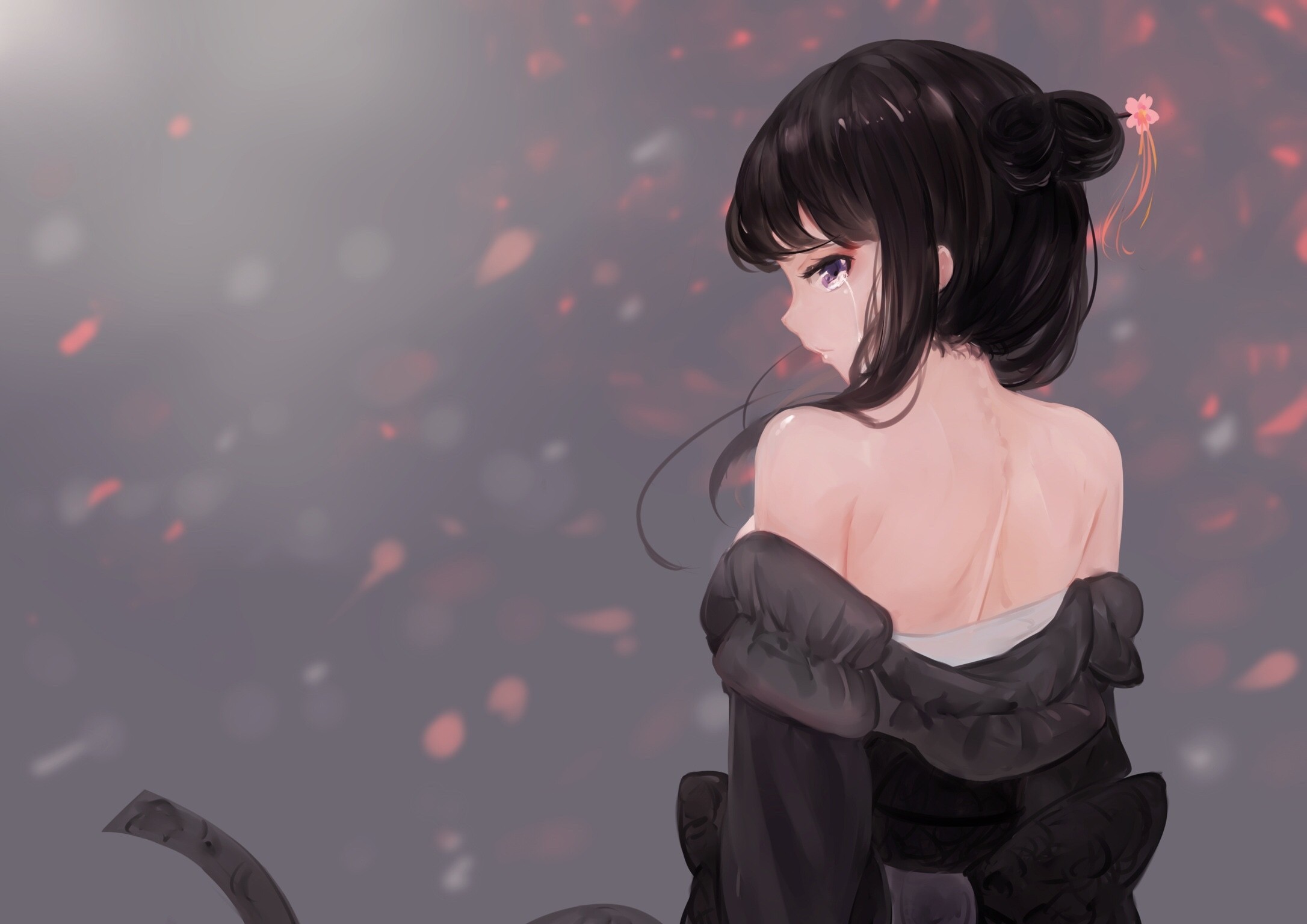 Crying anime girl in black kimono with pink flower HD Wallpaper