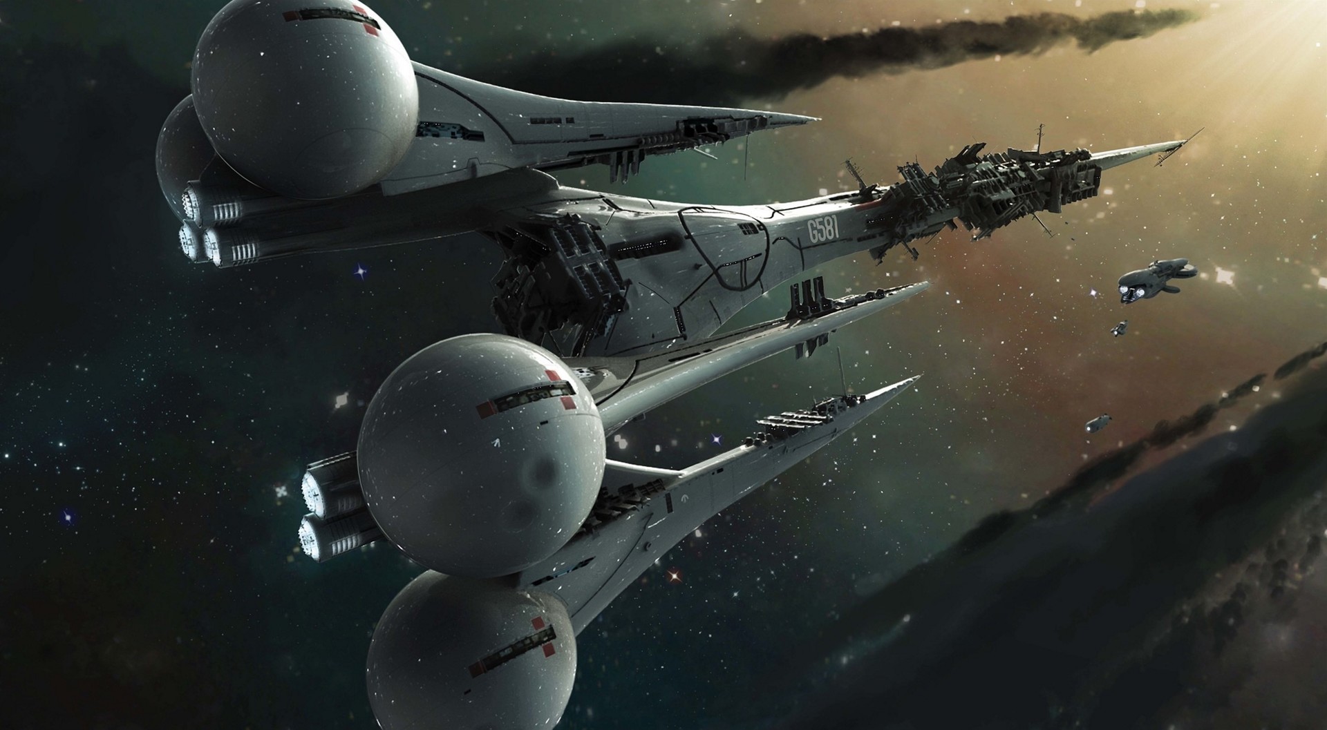Massive science fiction spaceship fleet in space HD Wallpaper