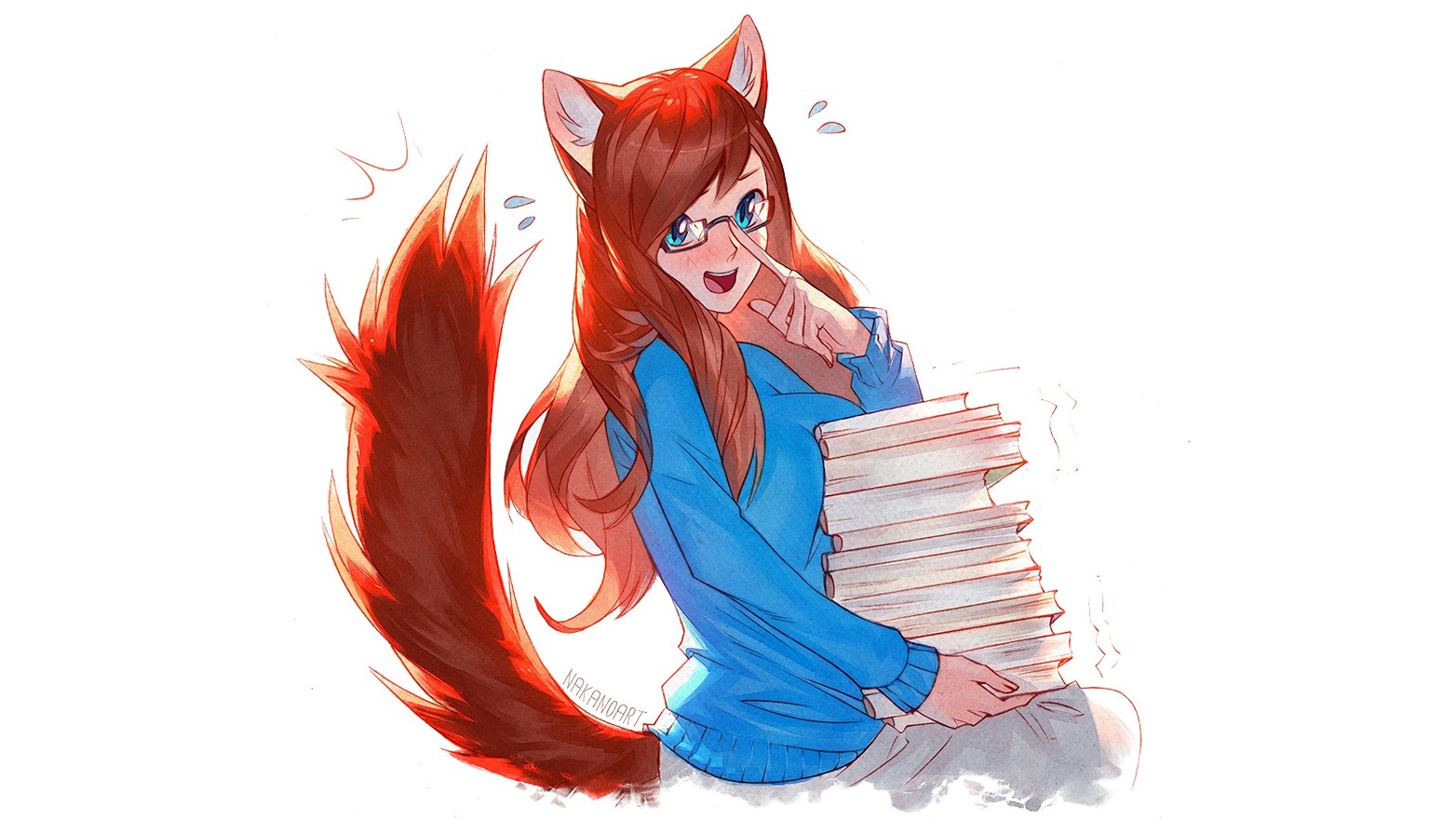 Anime girl with fox ears holding a stack of books HD Wallpaper