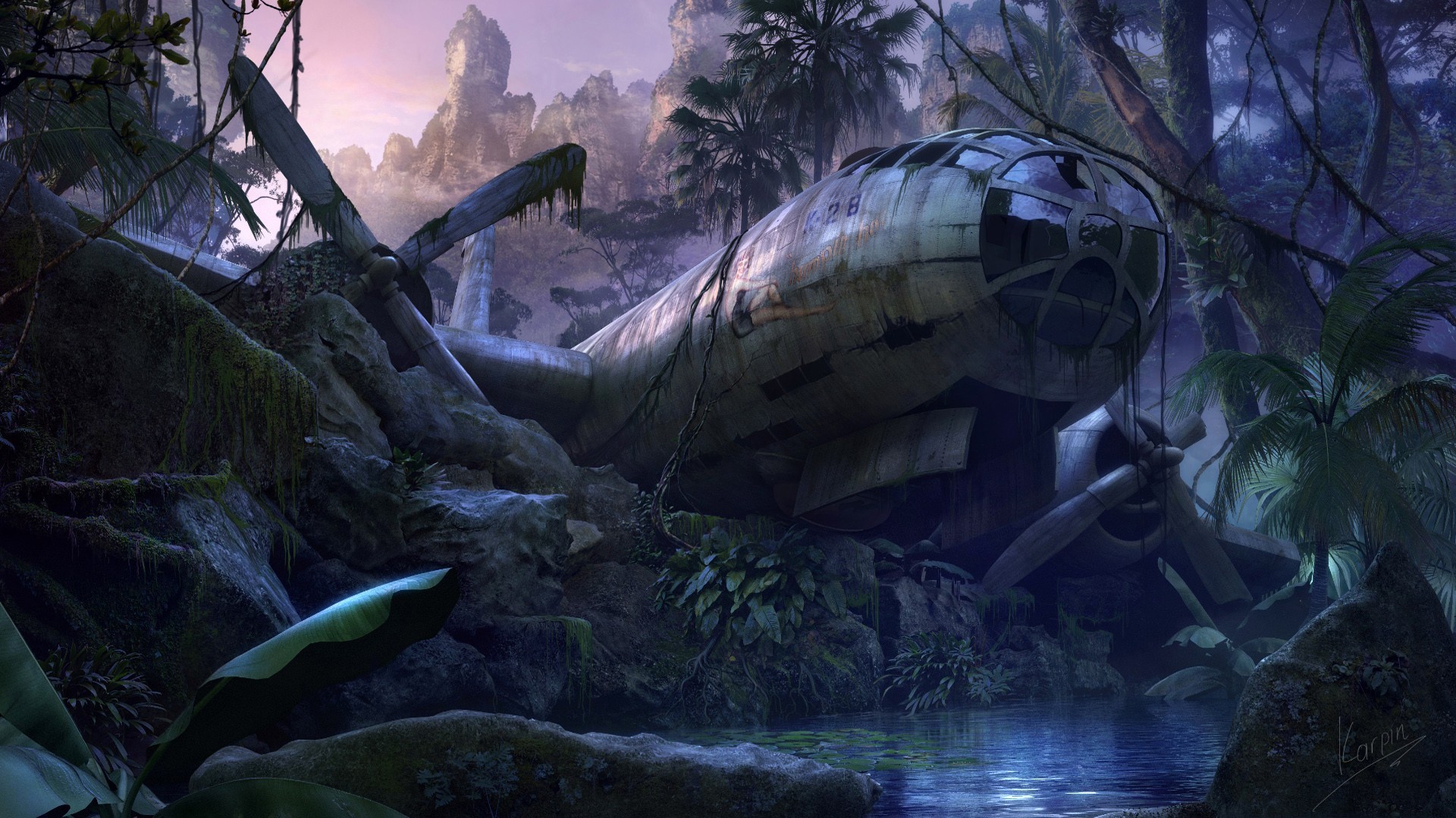 Abandoned airplane wreck in a dense jungle HD Wallpaper