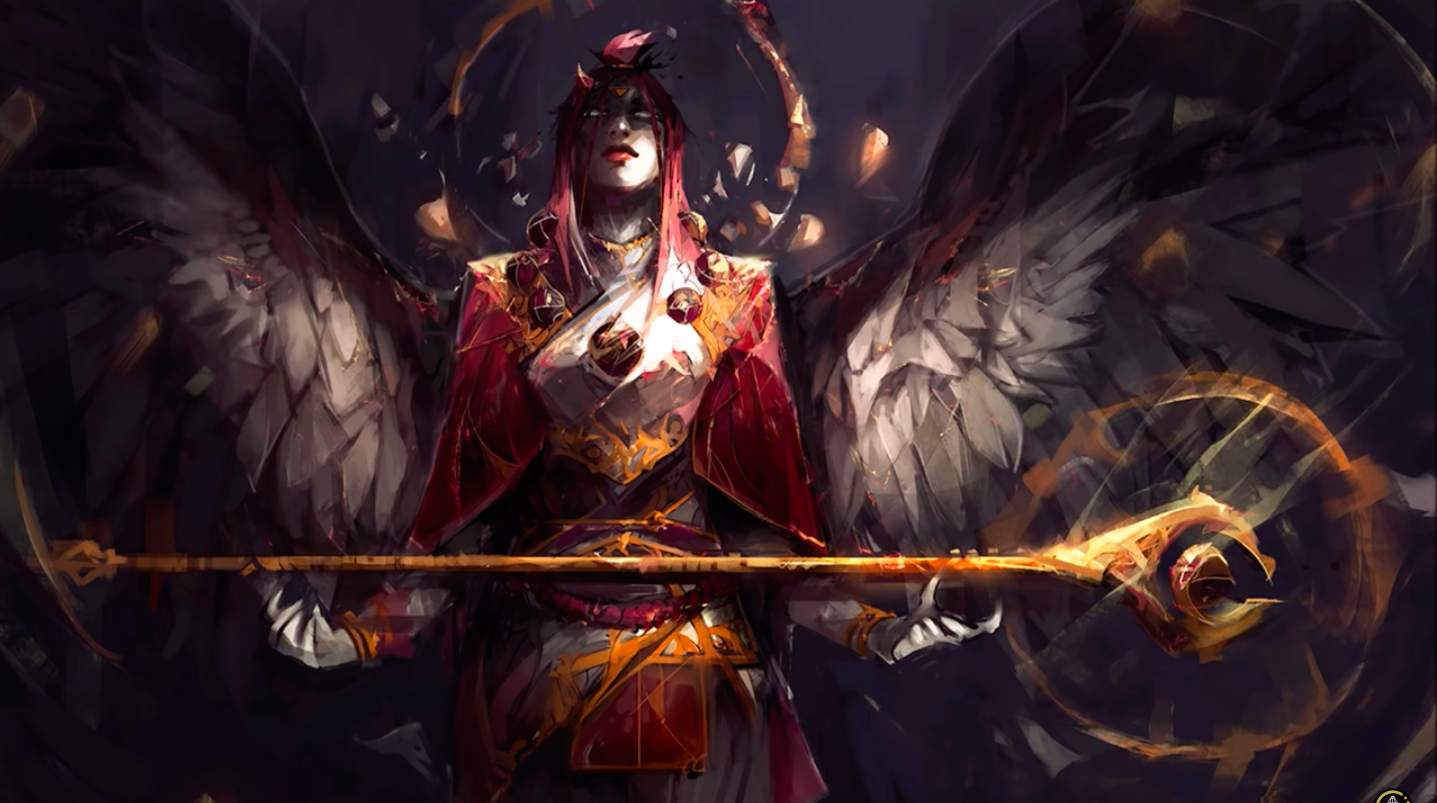 Winged figure with staff in dark fantasy artwork HD Wallpaper