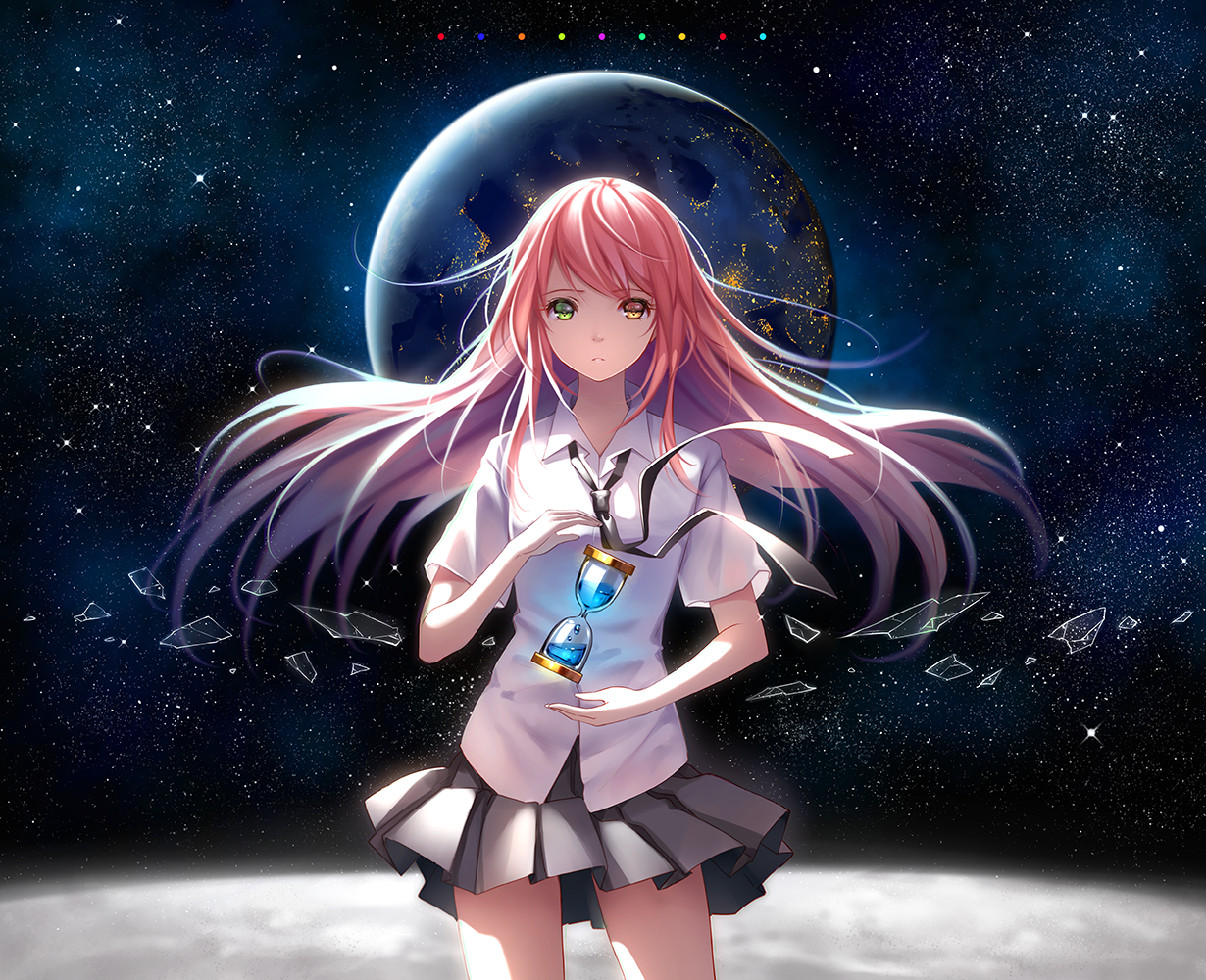Anime girl with pink hair holding an hourglass in space HD Wallpaper