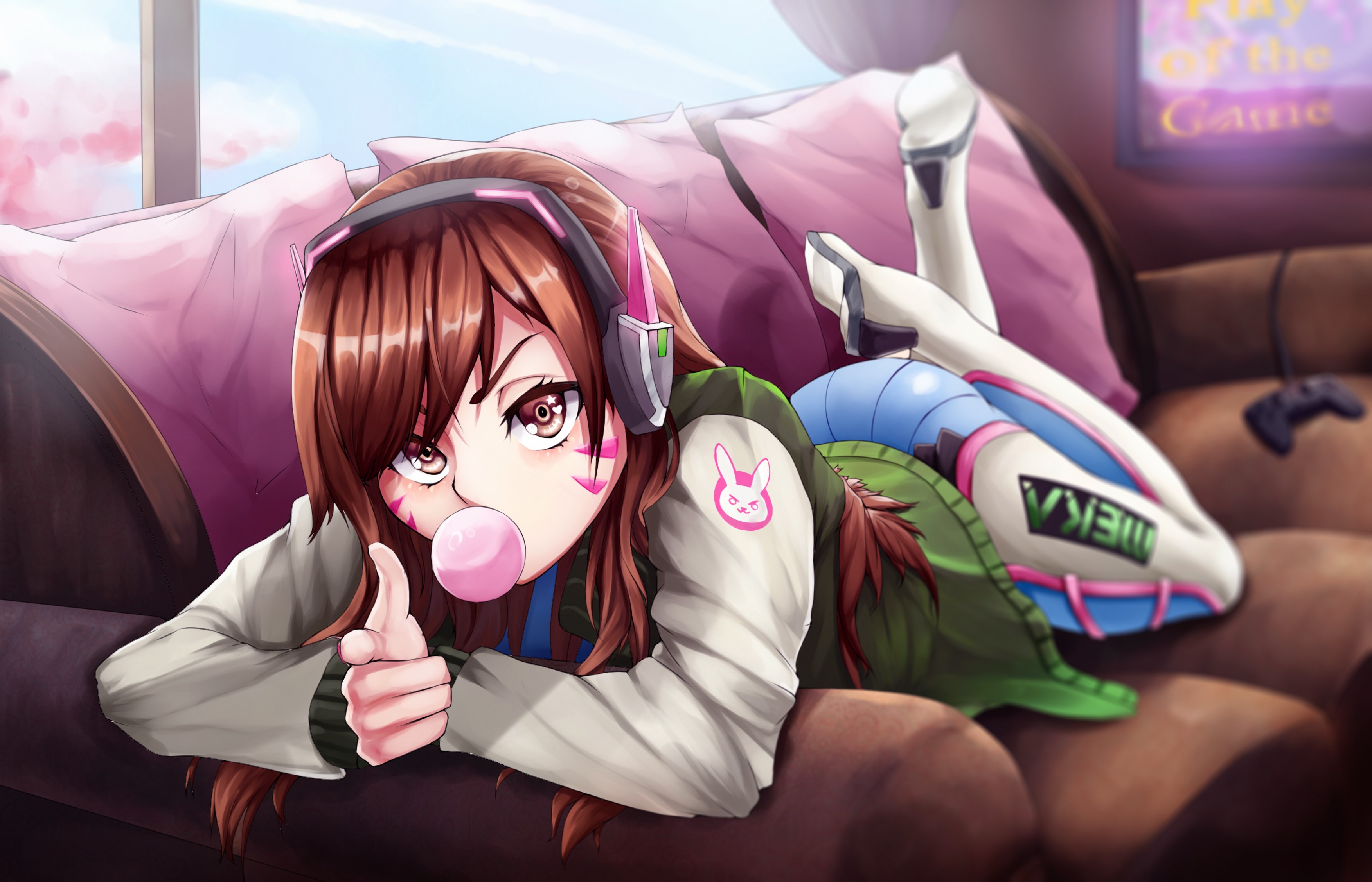 D.Va from Overwatch chewing bubblegum on a couch HD Wallpaper