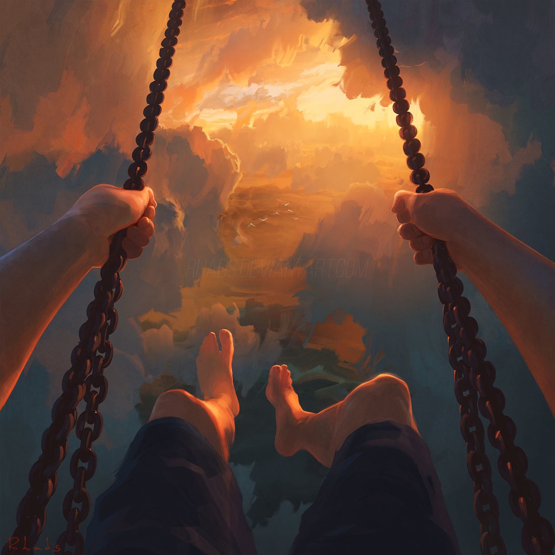 Person swinging on a swing over clouds at sunset HD Wallpaper