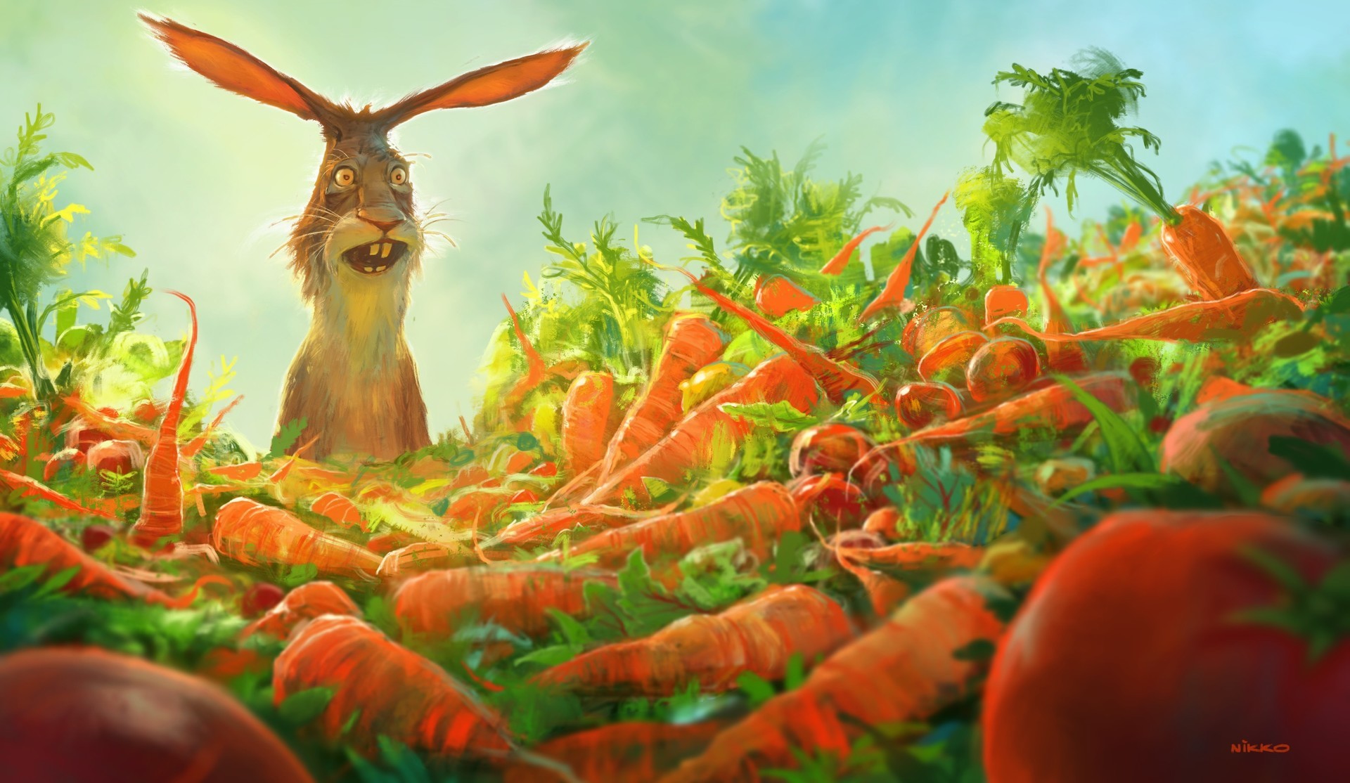 Artwork of a rabbit in a field of carrots HD Wallpaper