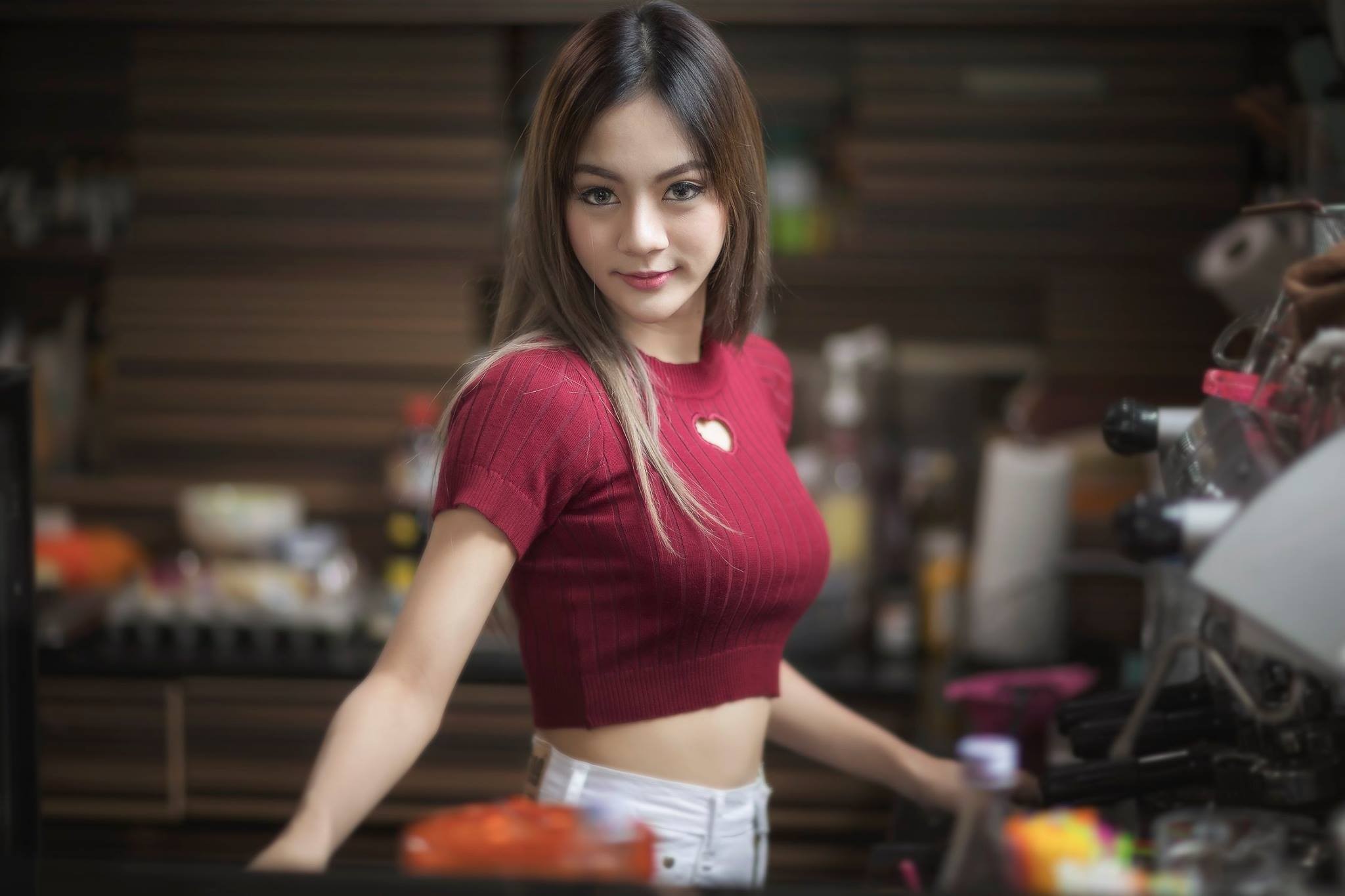 Young Asian woman in a red crop top in Thailand HD Wallpaper