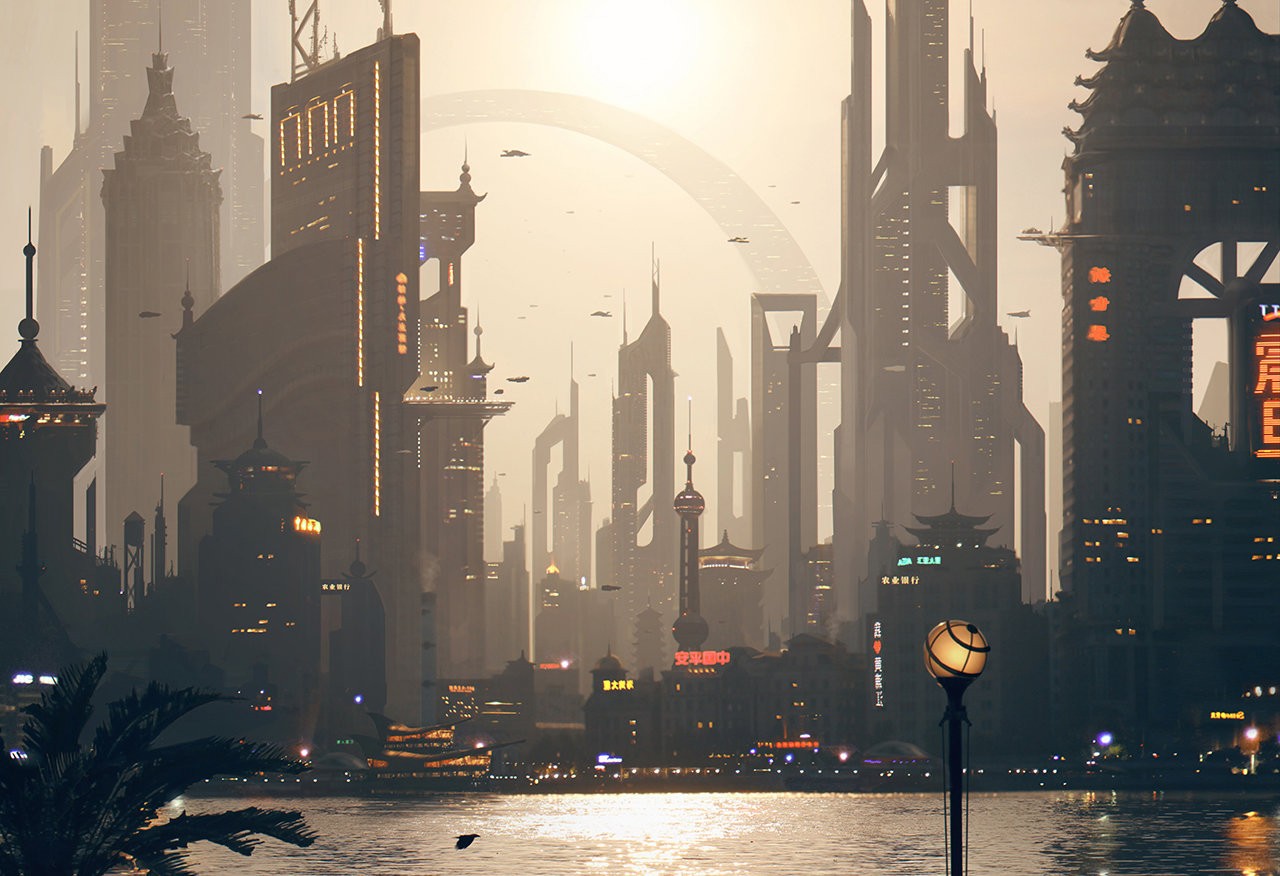 Futuristic city skyline with traditional Asian architecture HD Wallpaper